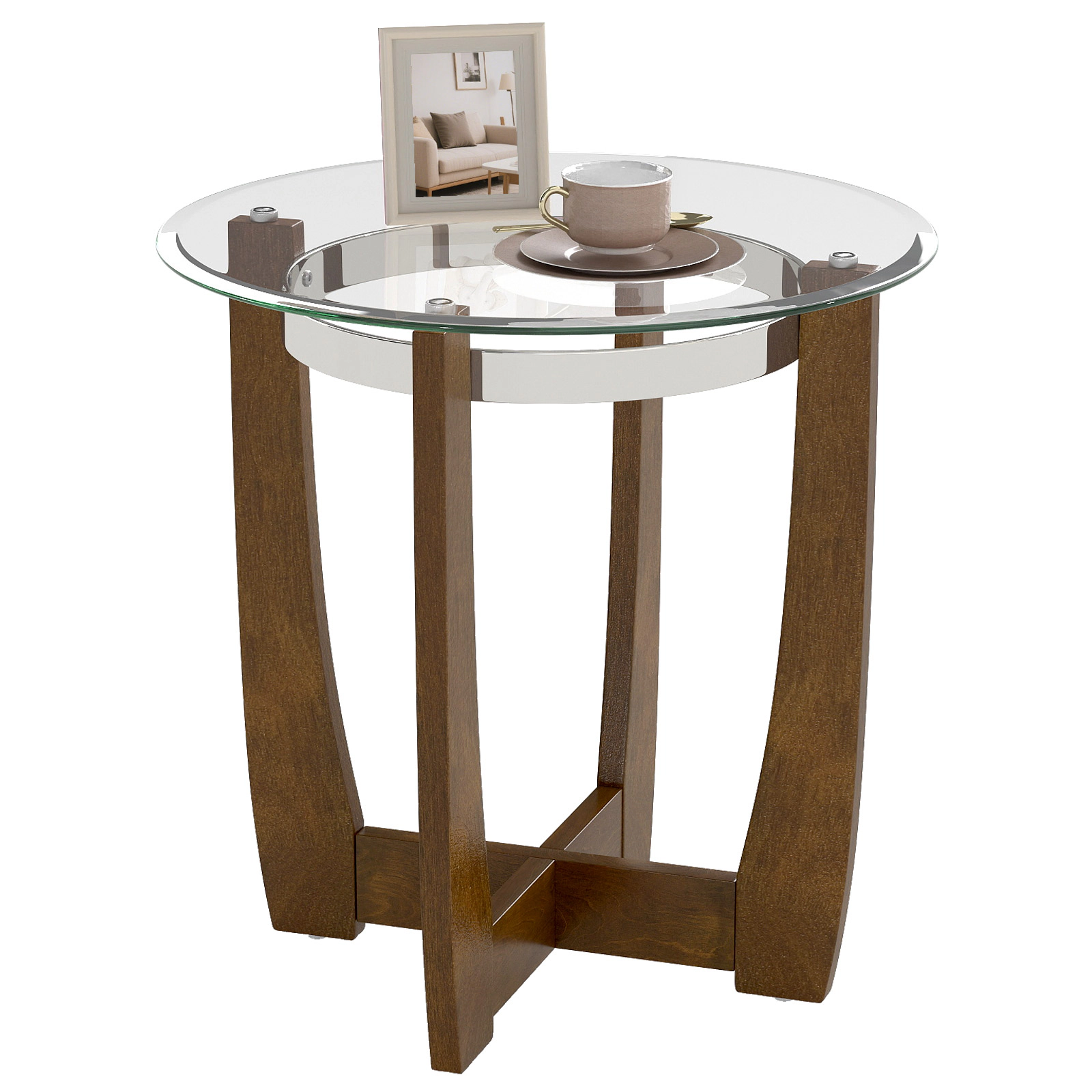 SUGIFT Round Tempered Glass Side Table 220-lb Capacity Transparent & Walnut