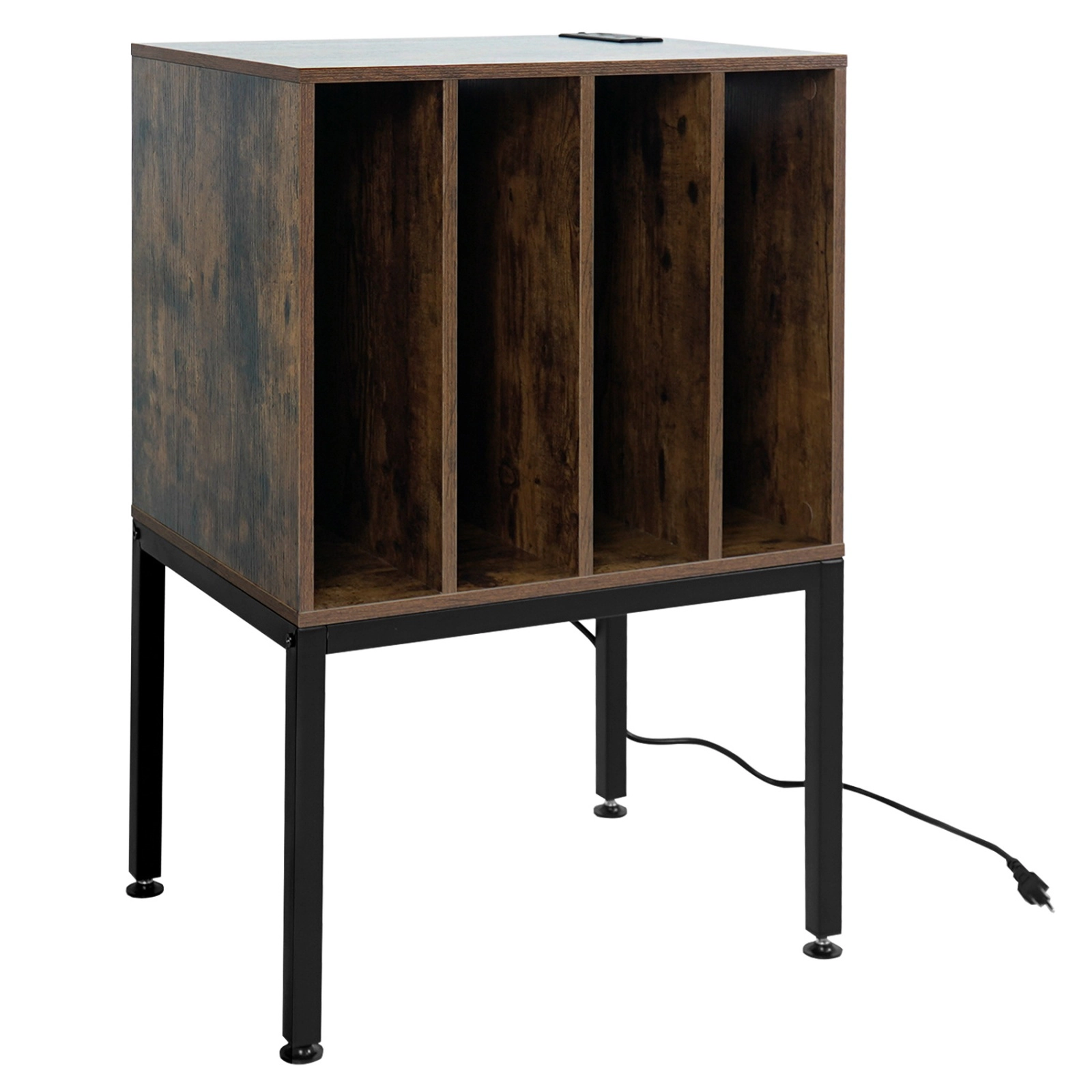SUGIFT Turntable Record Player Stand with Power Outlets Accent Table 88-Lb Capacity Rustic Brown/Black/White