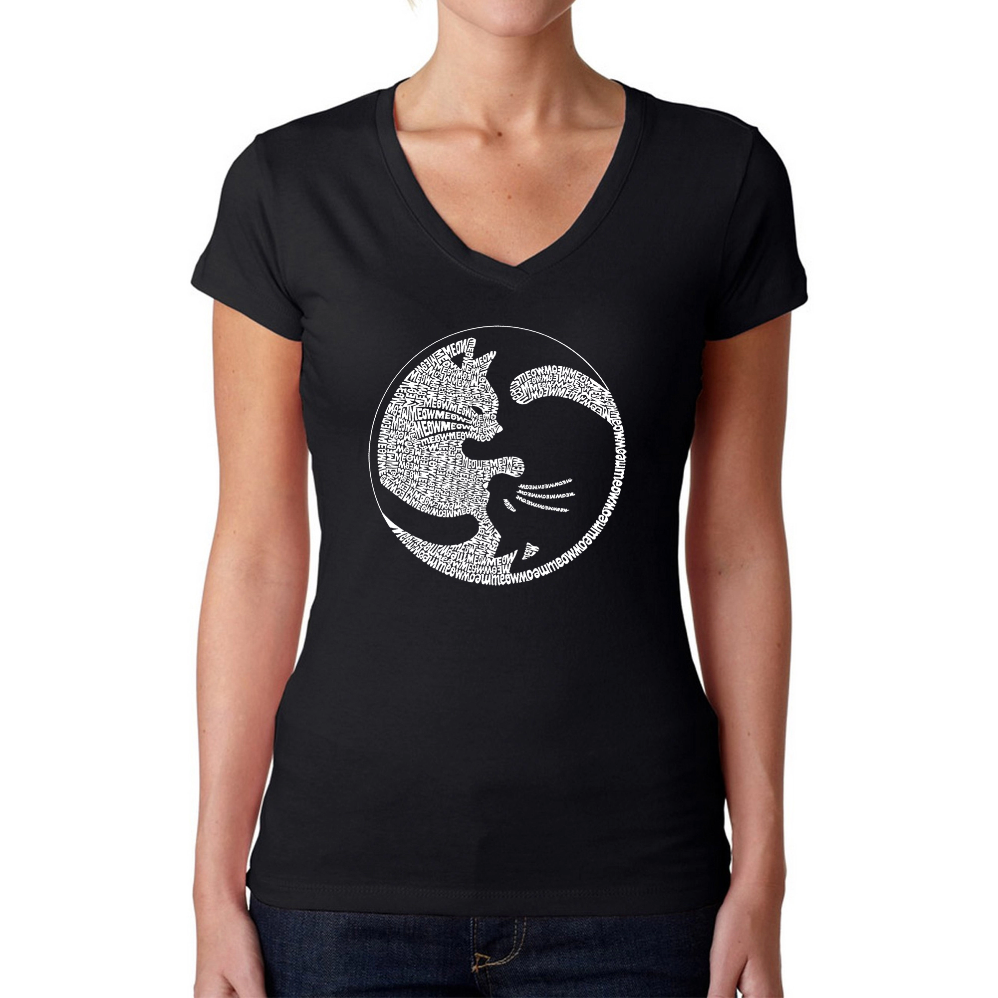 LA Pop Art Womens Word V-Neck T-Shirt - Yin Yang Cat
