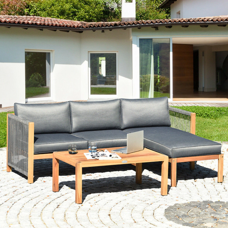 Hivvago 3 Pieces Patio Acacia Wood Sofa Furniture Set With Nylon Rope Armrest