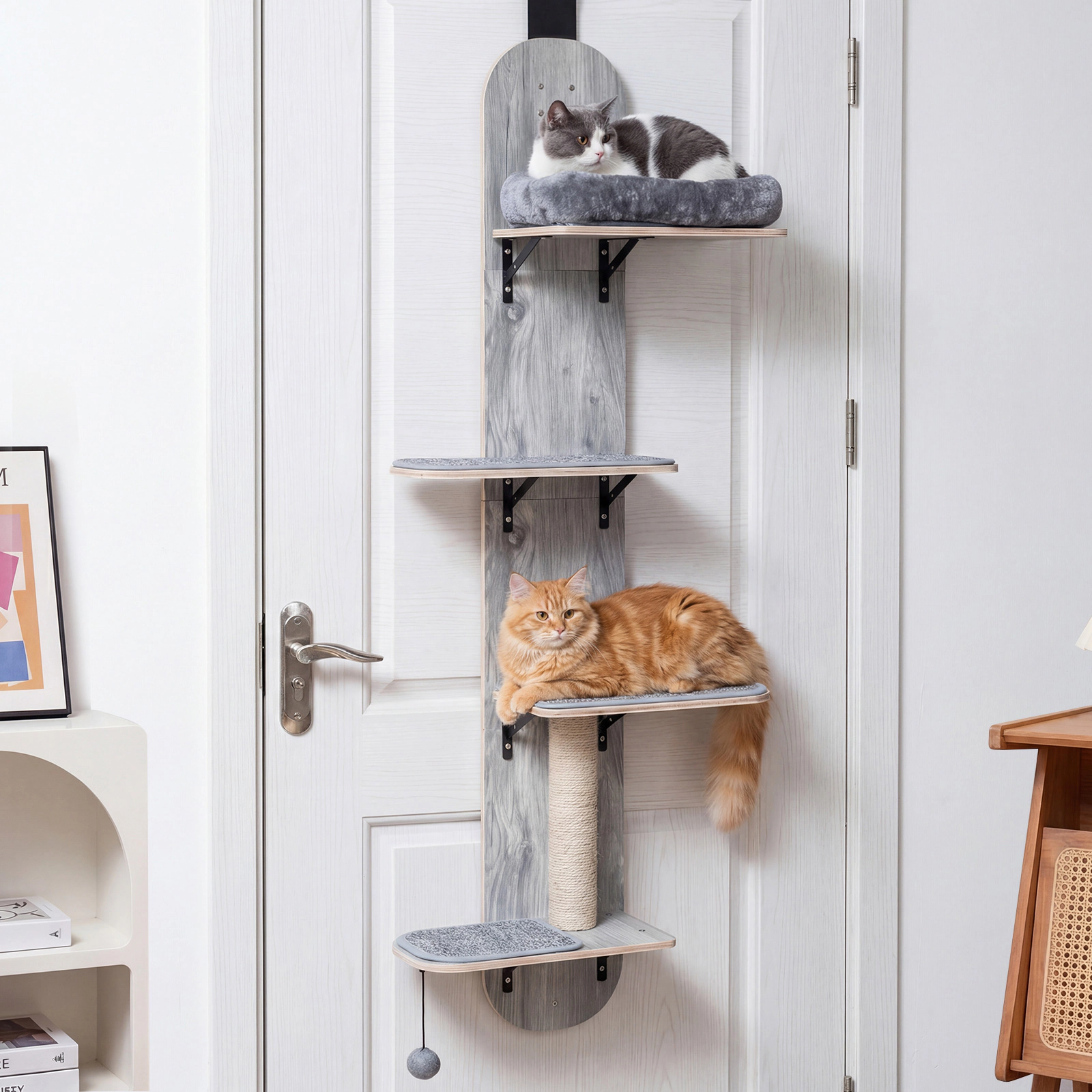 SUGIFT Door Hanging Cat Climber 5-Level Adjustable Cat Tree 11-lb Capacity with Plush Bed Beige Natural Gray