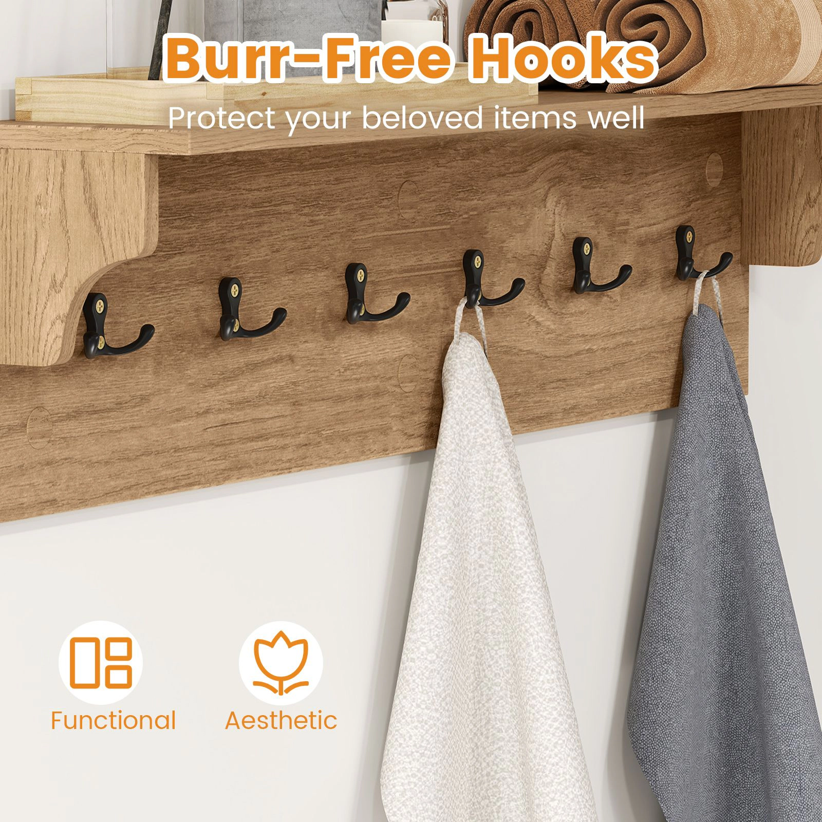 SlickBlue 31.5 Inch Wall Shelf with Hooks Wooden Coat Rack for Entryway