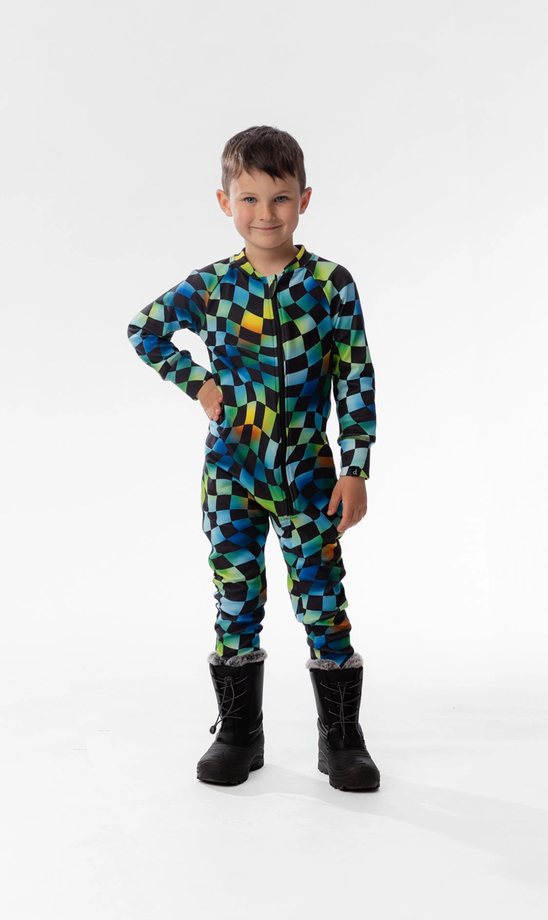 Deux par Boys One Piece Checkered Print Asymmetric Zip Thermal Underwear