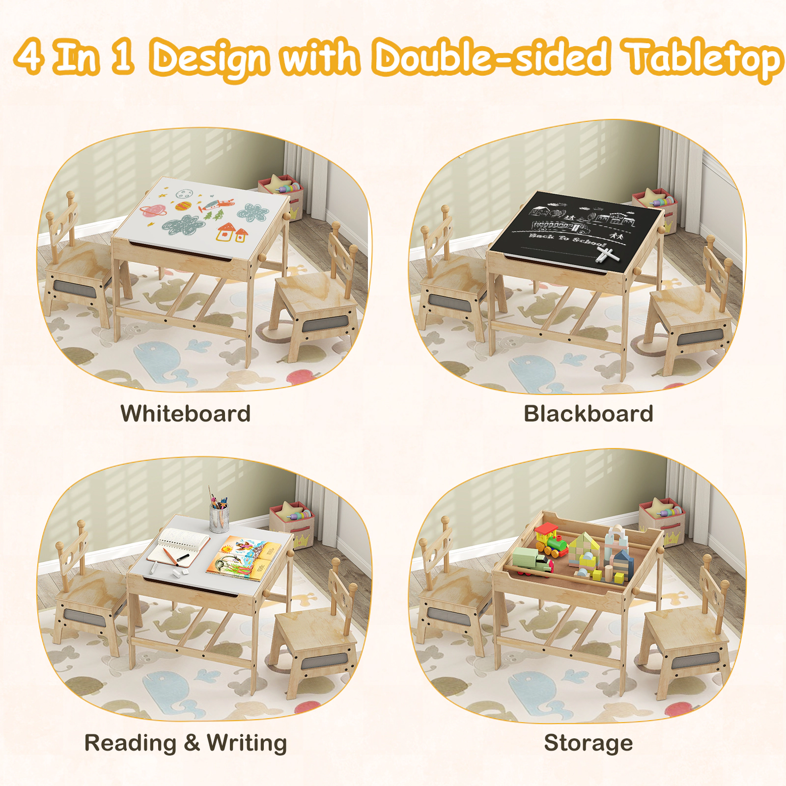 SUGIFT Kids Table and 2 Chairs Set Natural Robot-Shaped with Reversible Whiteboard