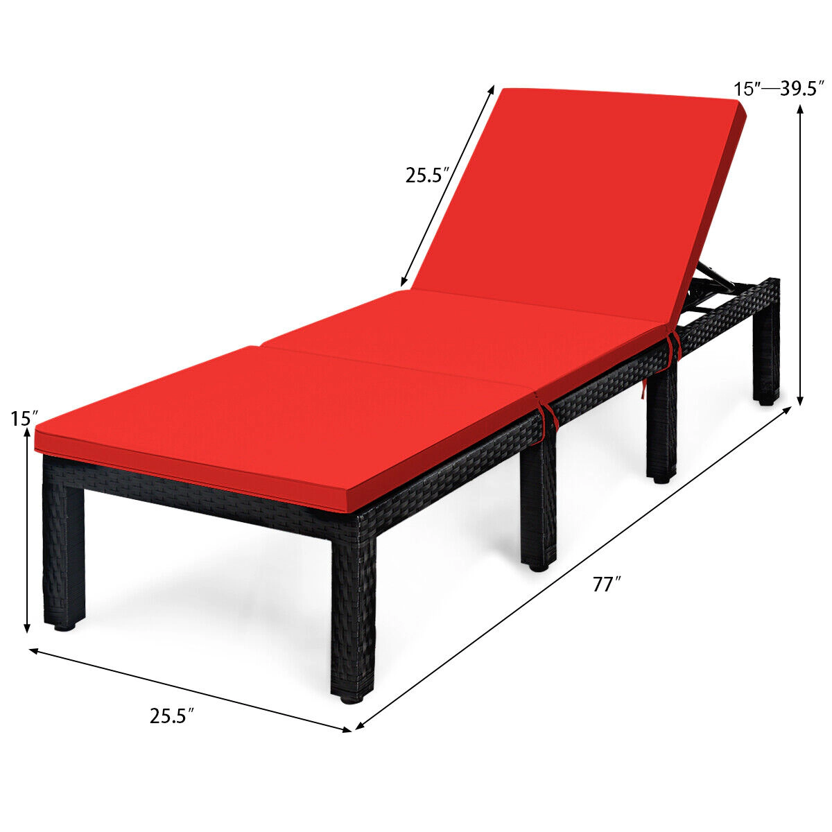 SUGIFT Patio Rattan Cushioned Height Adjustable Lounge Chair 355-Lb Capacity 77-in Long PE Rattan 2-in Cushion Red & Off