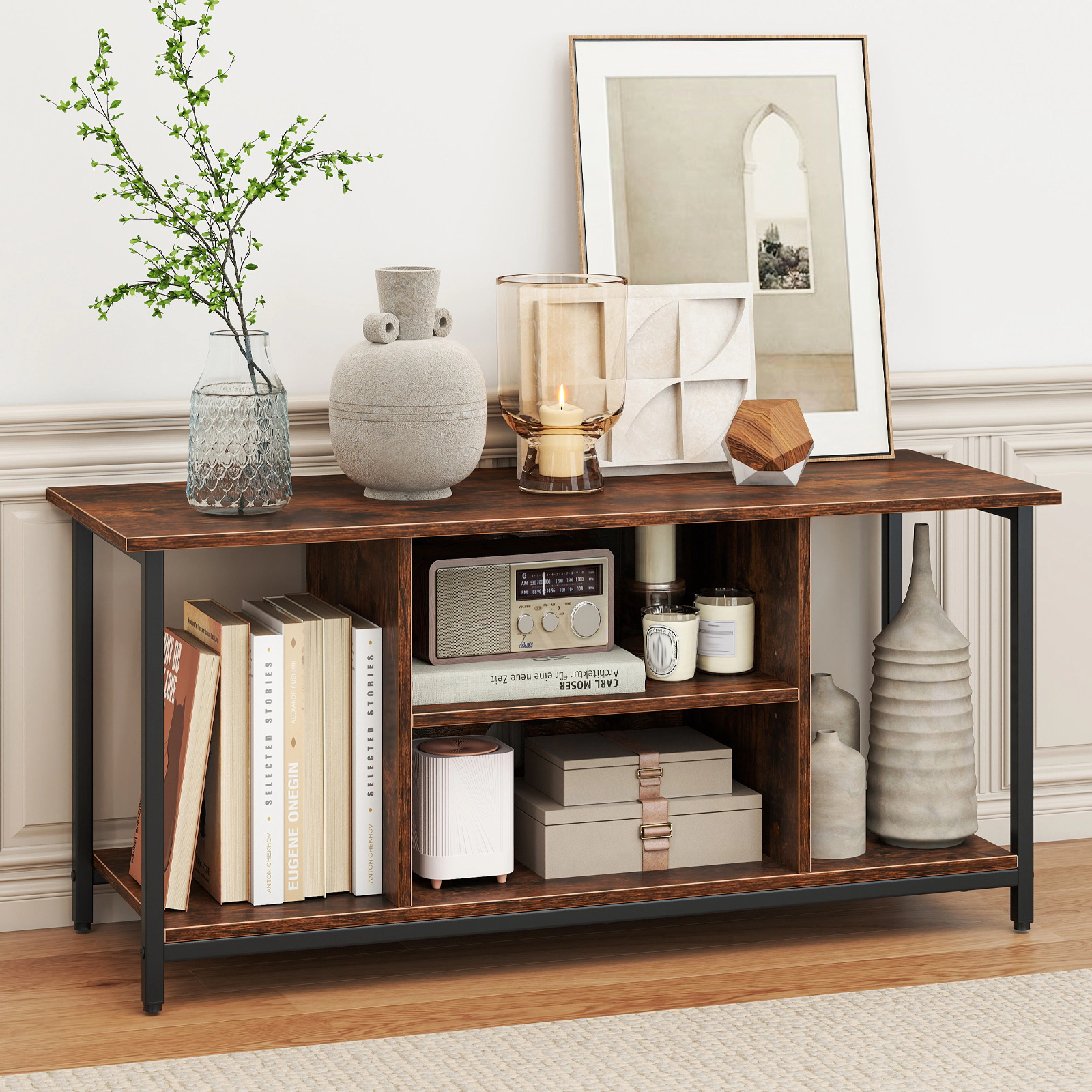 SUGIFT TV Stand Entertainment Center with Power Outlets 100-lb Top Capacity for TVs up to 50 Inches Rustic Brown & Black