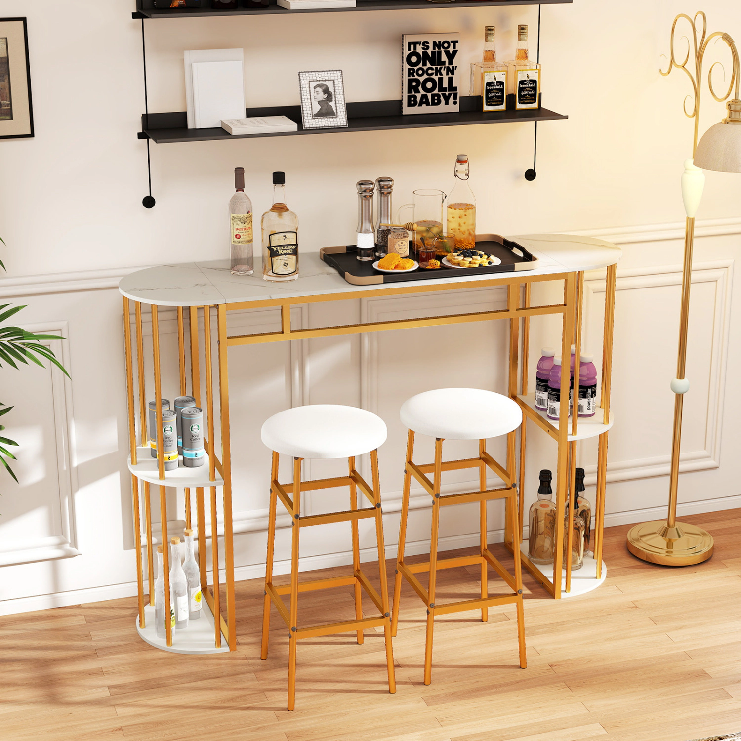 SUGIFT 60-in Long Narrow Bar Table with Faux Marble Tabletop and Storage Shelves 135-lb Capacity Black/Golden and White