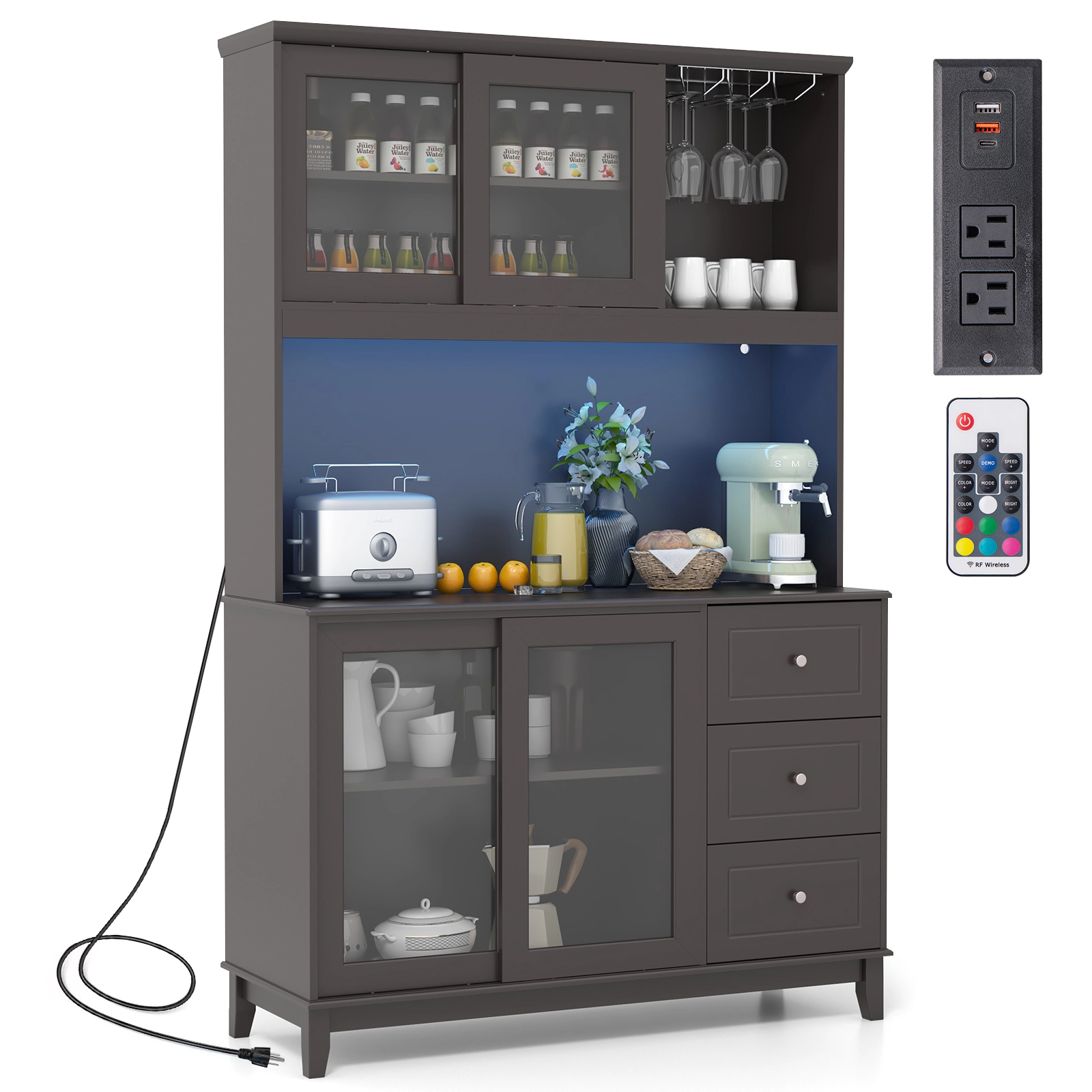 Glintex 73-Inch Kitchen Hutch with LED Lights and Sliding Glass Doors