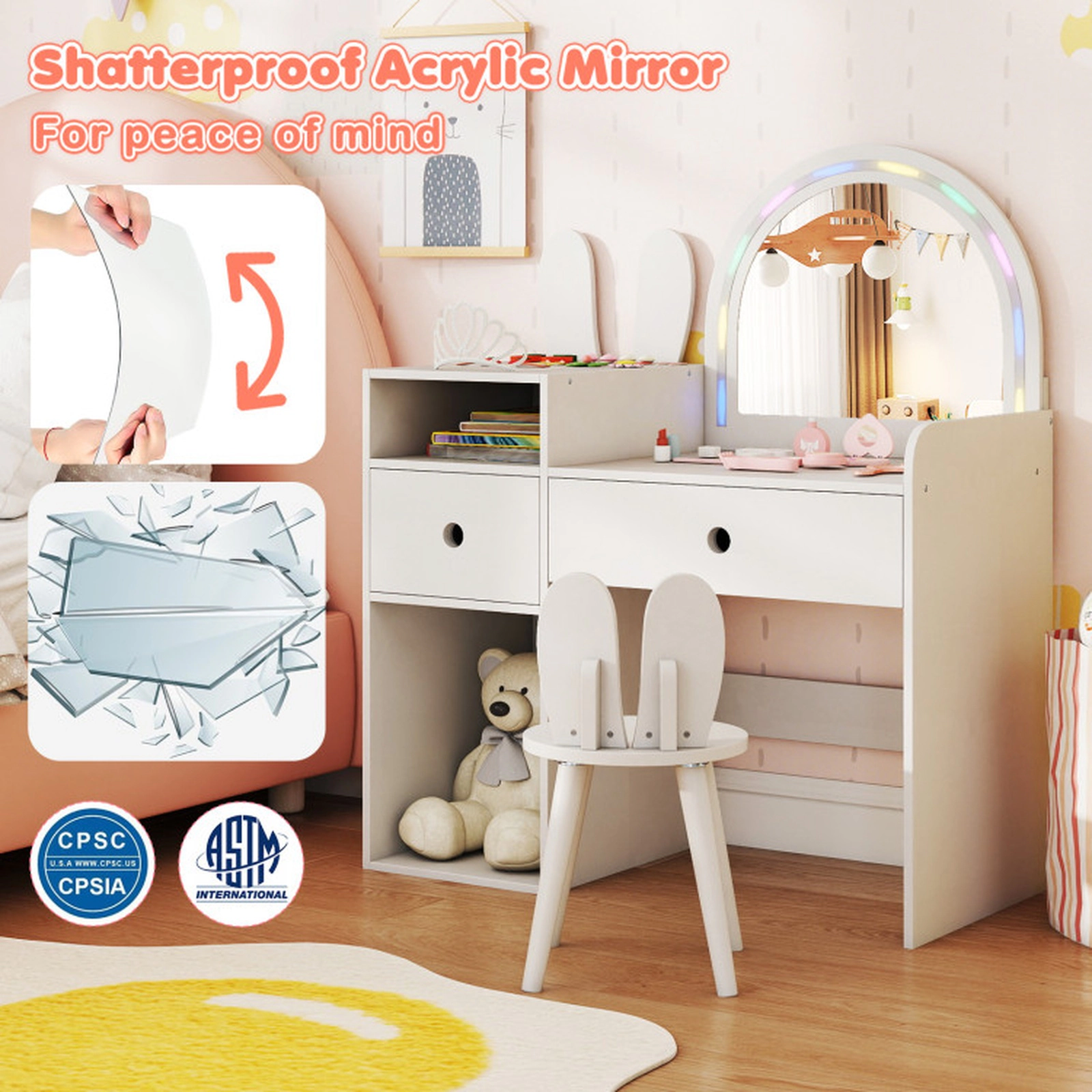 SUGIFT Kids Vanity Table and Stool Set with Lighted Mirror and Open Shelves in White