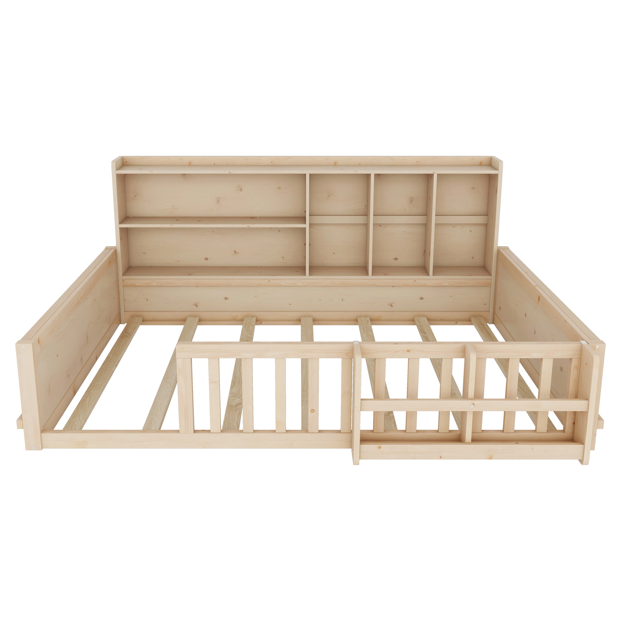 Flynama Full Kids Wood Platform Bed, Guardrail Fence & Storage Shelves, Natural