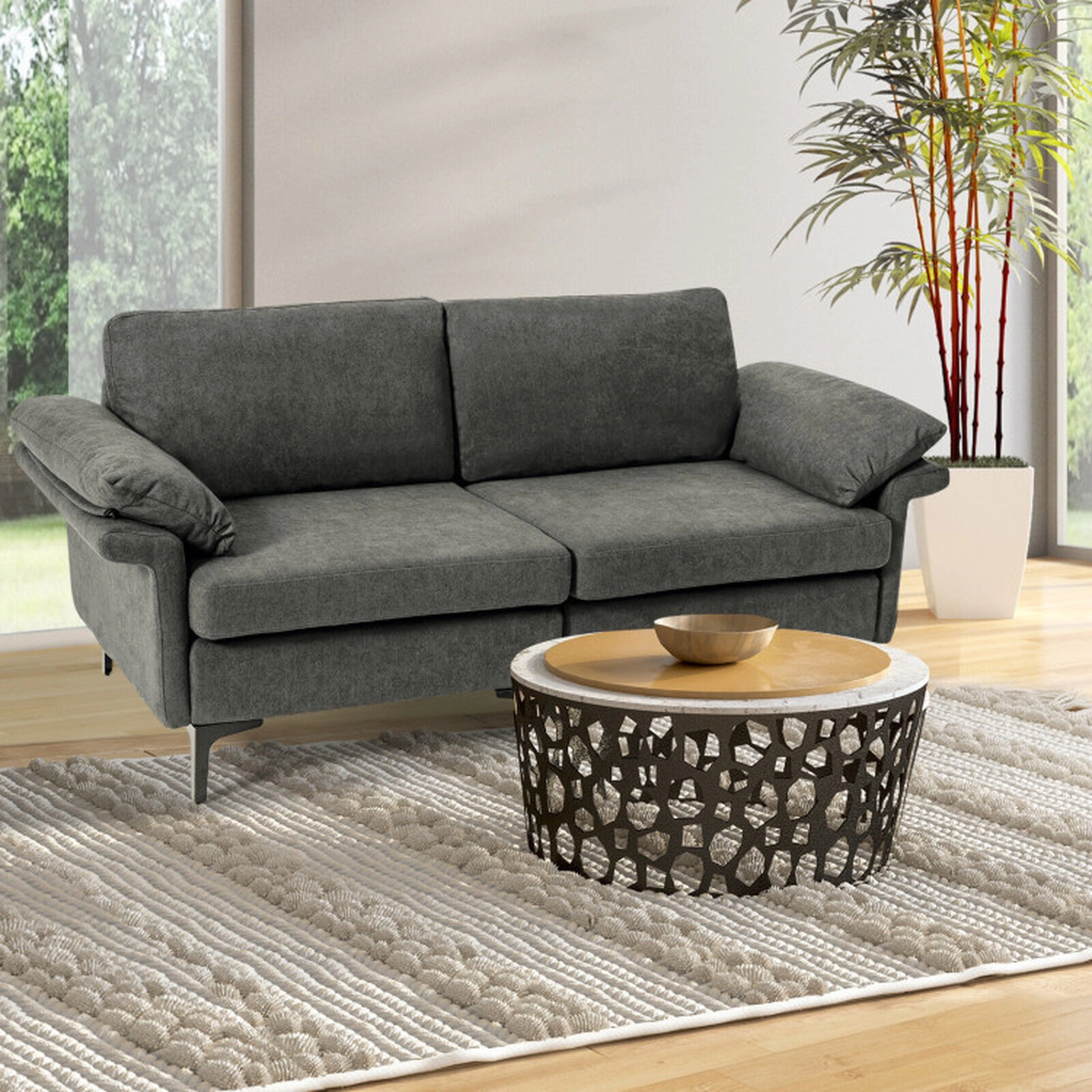 SUGIFT Gray 72.5-In Modern Linen 2-Seater Loveseat Sofa with Metal Legs