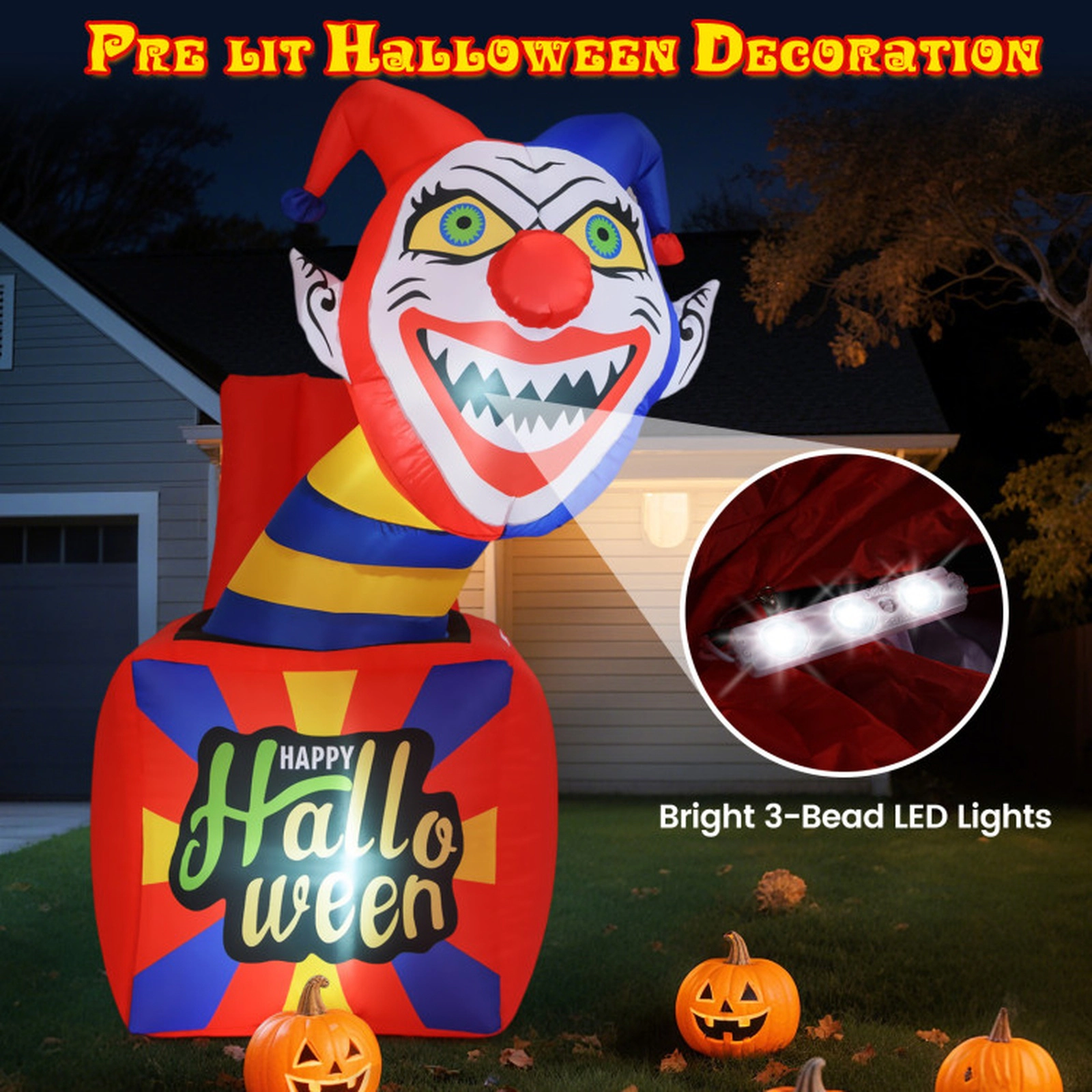 SUGIFT Halloween Inflatable Clown Jack-in-the-Box with 6 LED Lights
