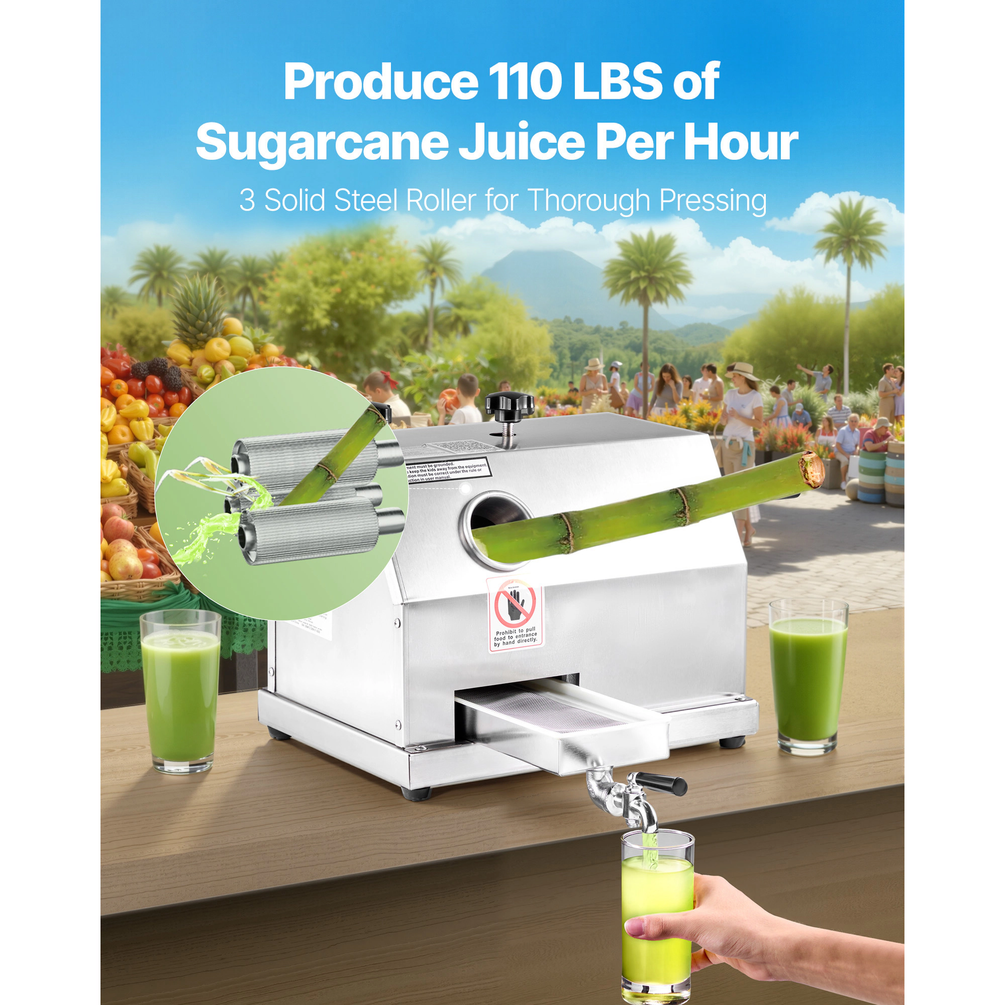 HONGGE Commercial Sugar Cane Juicer, Sugarcane Juicer Machine with High Output, Stainless Steel Rollers