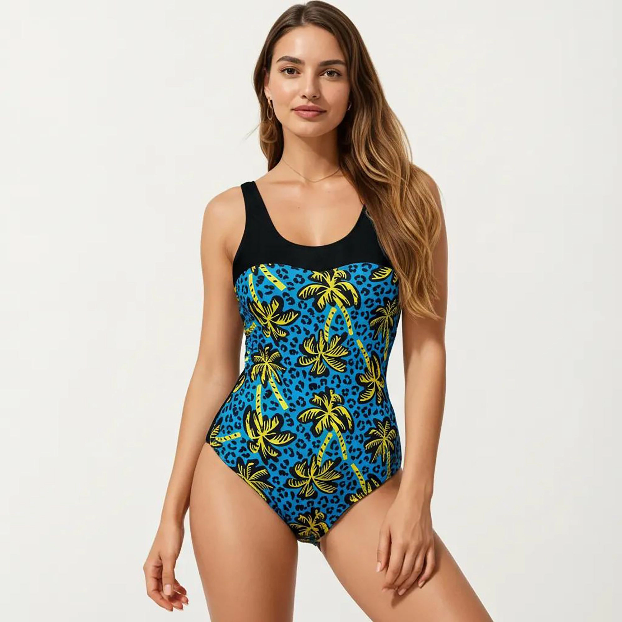 Anna-Kaci Women Palm Tree Print One-Piece Swimsuit, Scoop Neck with Contrast Upper Panel