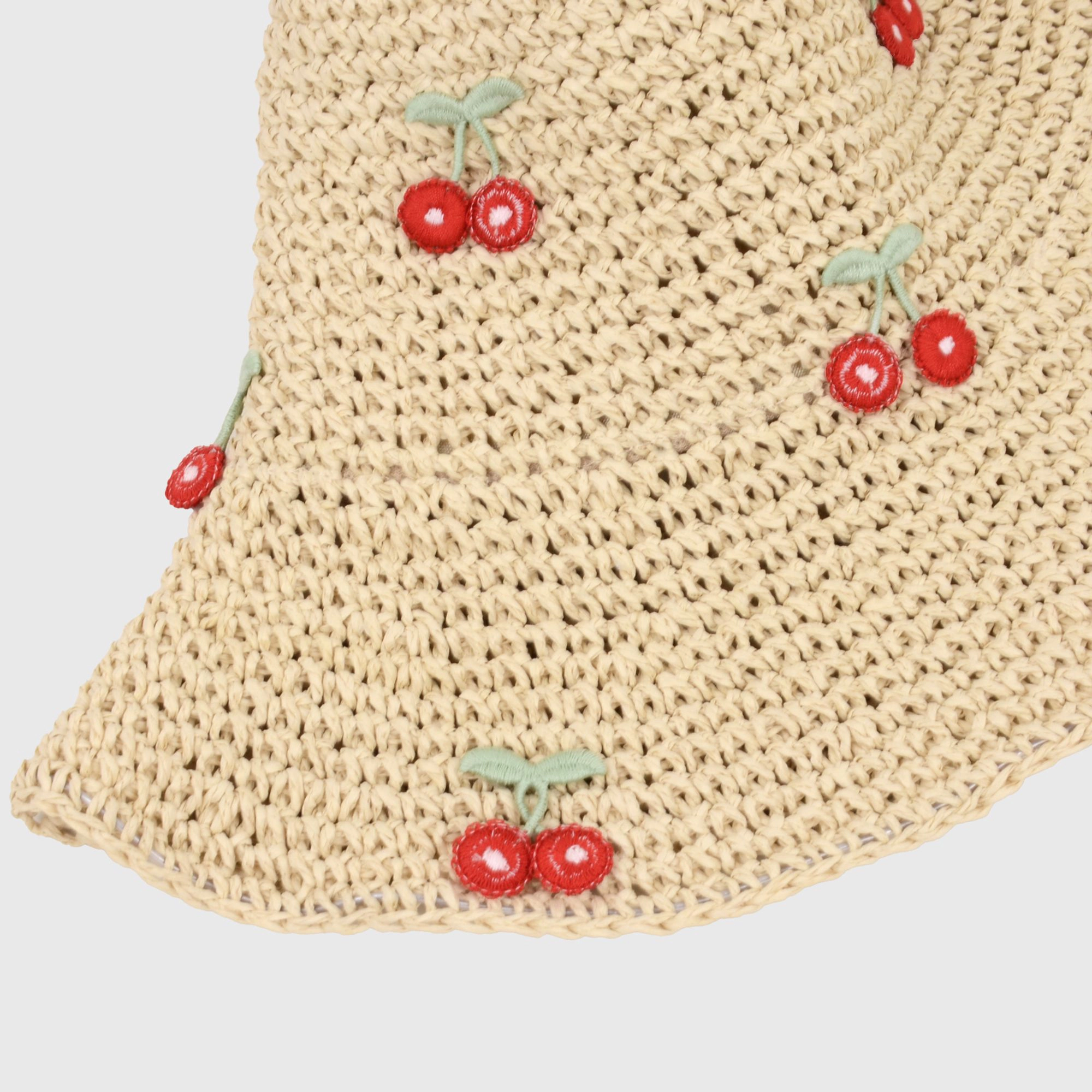 Anna-Kaci Women's Straw Bucket Hat with Cherry Embellishments - White
