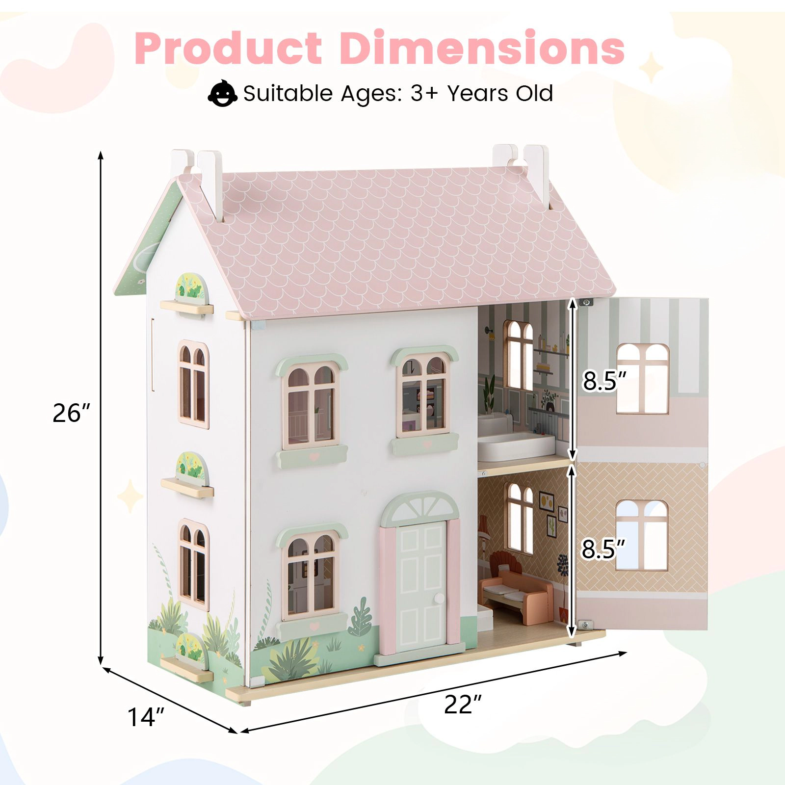 SlickBlue Kids Wooden Dream House with Realistic Rooms and Removable Roof Design