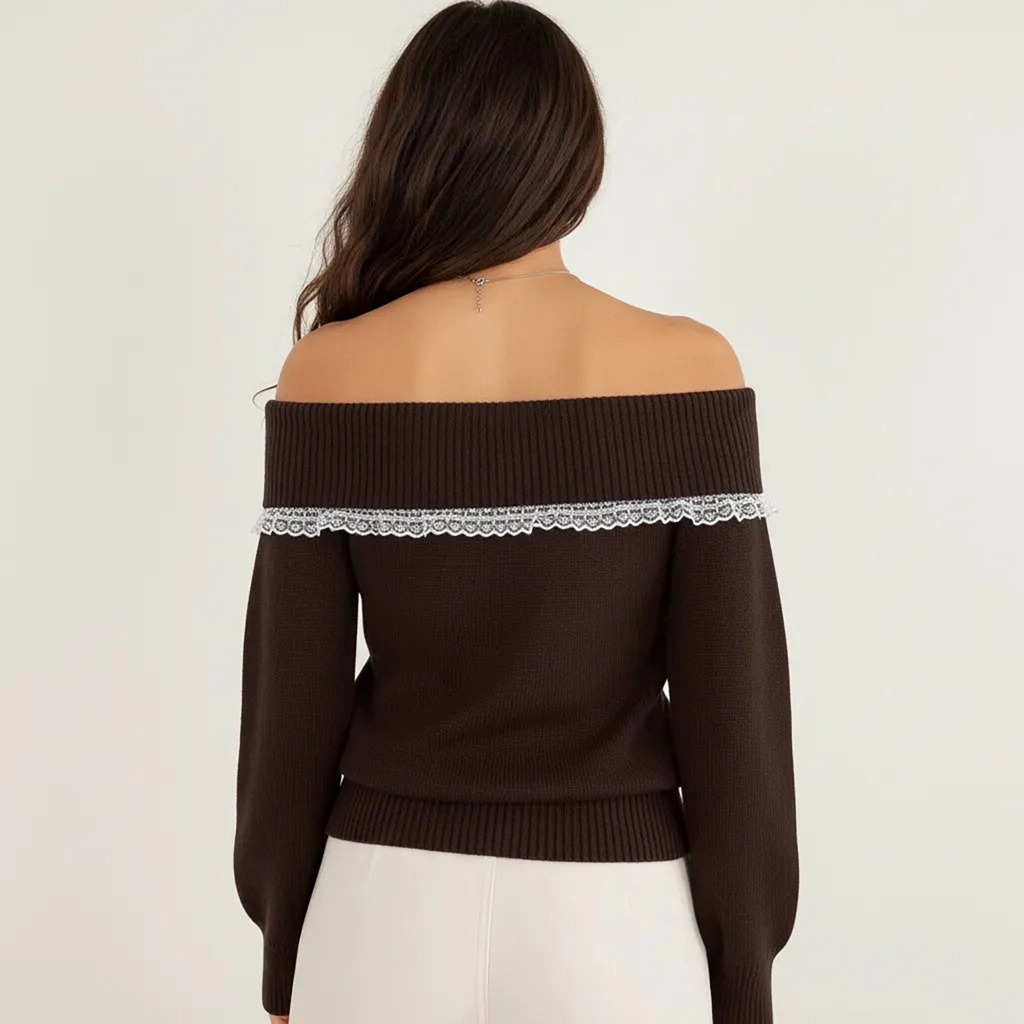 Anna-Kaci Women's Off Shoulder Knit Top with Lace Trim and Long Sleeves