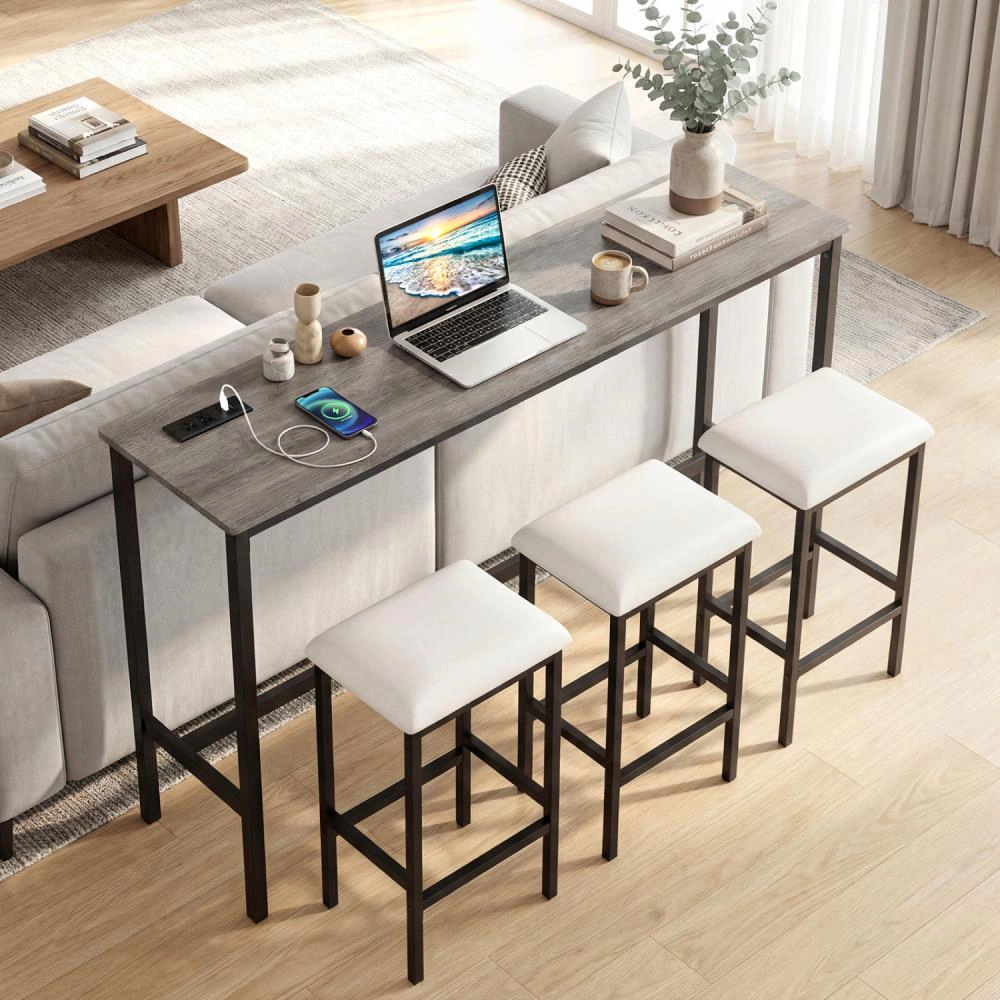 Hivvago 4 Pieces Counter Height Bar Table With Power Outlet With 3 Padded Stools