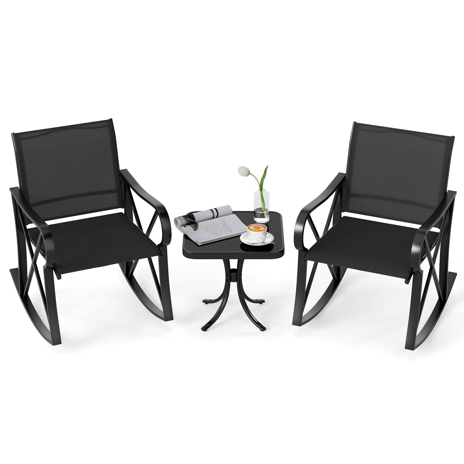 SUGIFT 3 Piece Patio Conversation Set Side Table 330-lb Rocking Chair Capacity 18 x 18 x 17 in Table Brown + Black