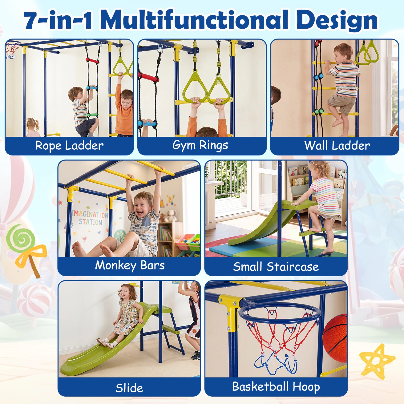 SUGIFT 7-in-1 Wall-Mounted Ladder Climber Playset with Monkey Bars Slide Rings and Rope Ladder Green Blue Yellow Red