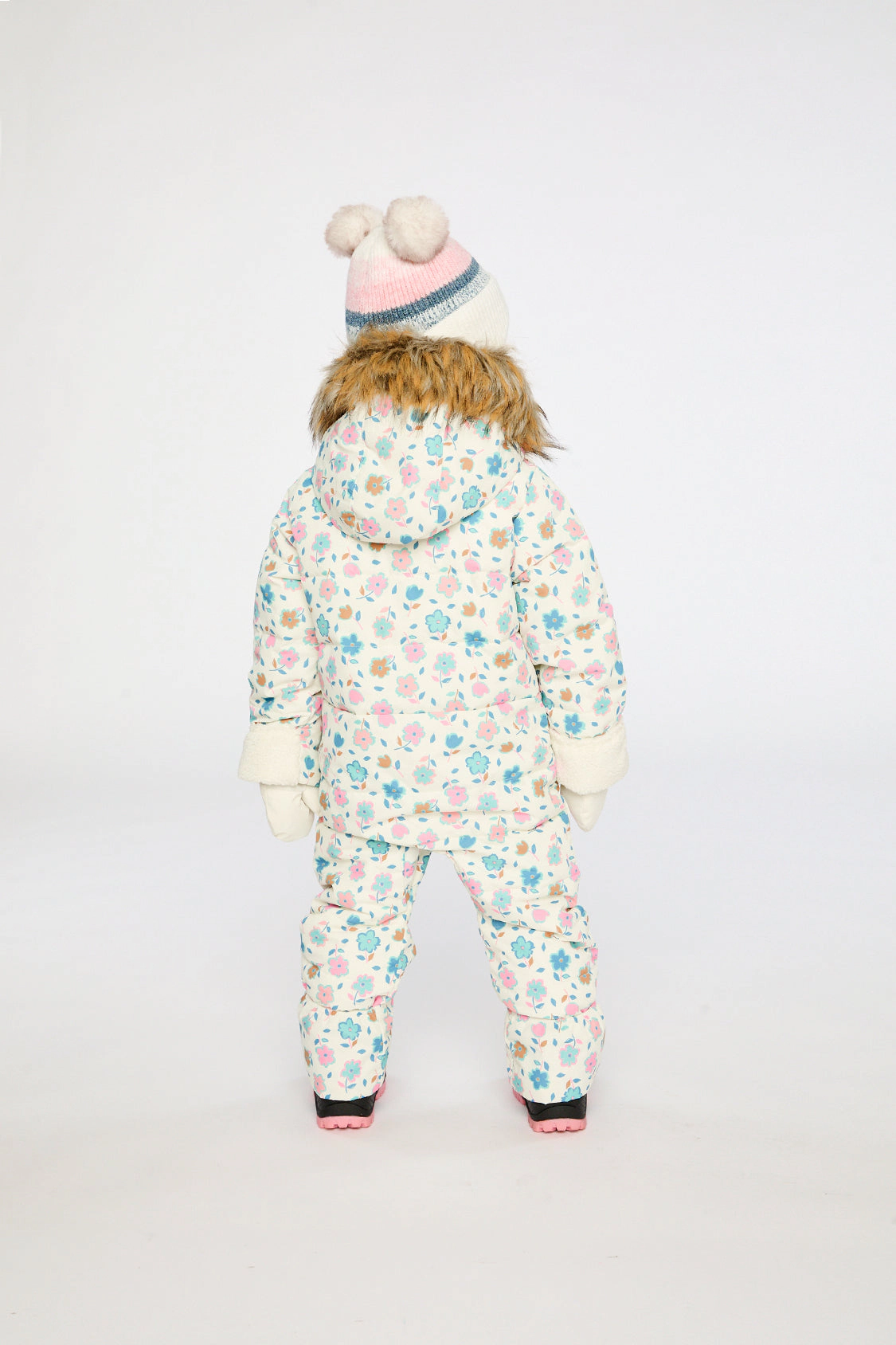 Deux par Girls Snug Floral Print One Piece Snowsuit Adapted for Car Seats with Faux Fur-Trimmed Hood