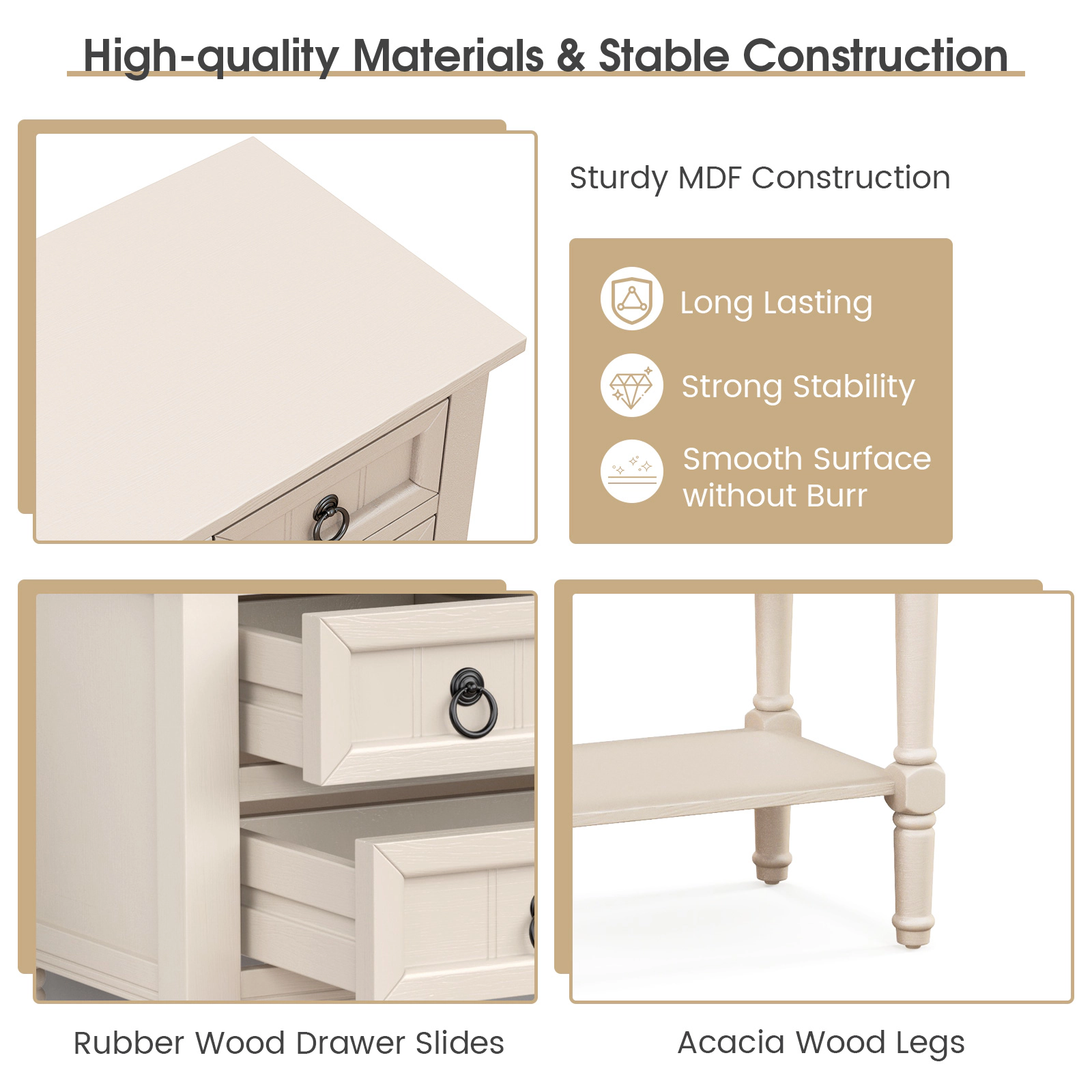 SUGIFT MDF Acacia and Rubber Wood 3 Drawers Open Shelf Narrow Console Table In Beige