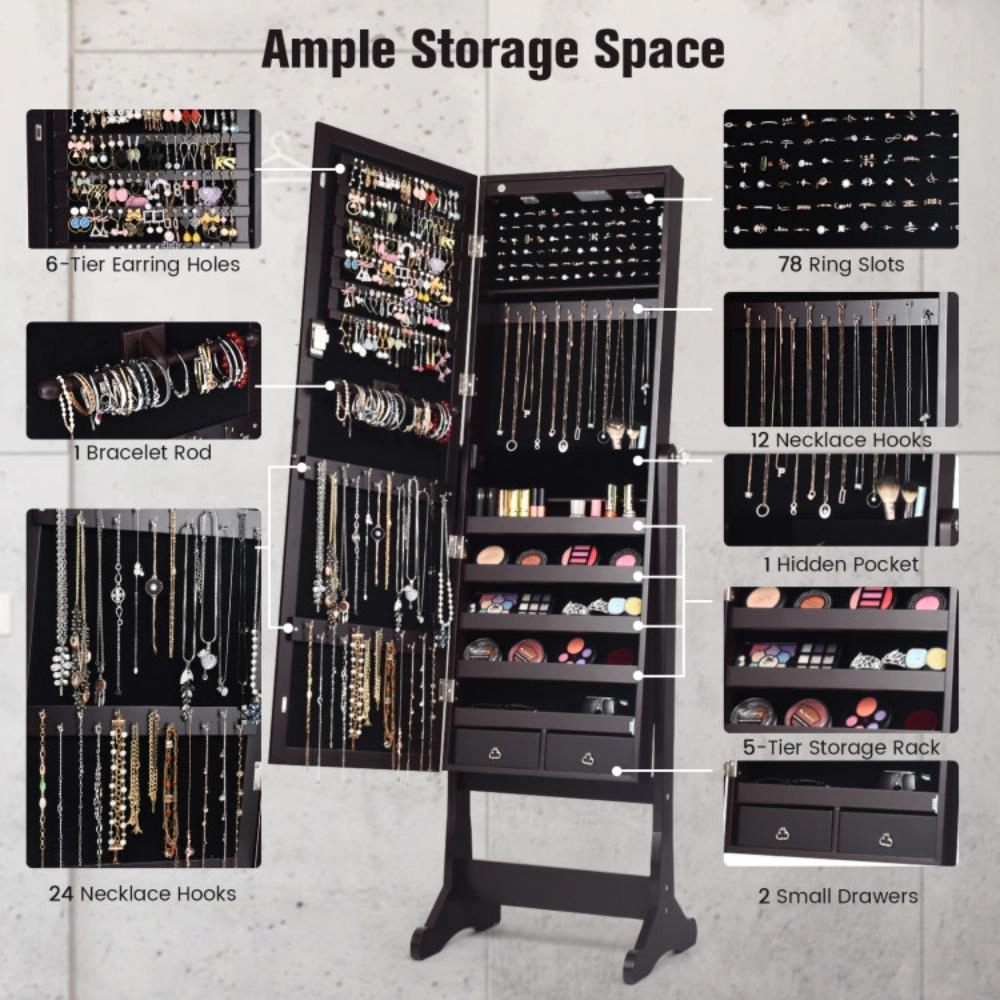 Hivvago Lockable Mirrored Jewelry Cabinet with Stand and Led Lights-Brown