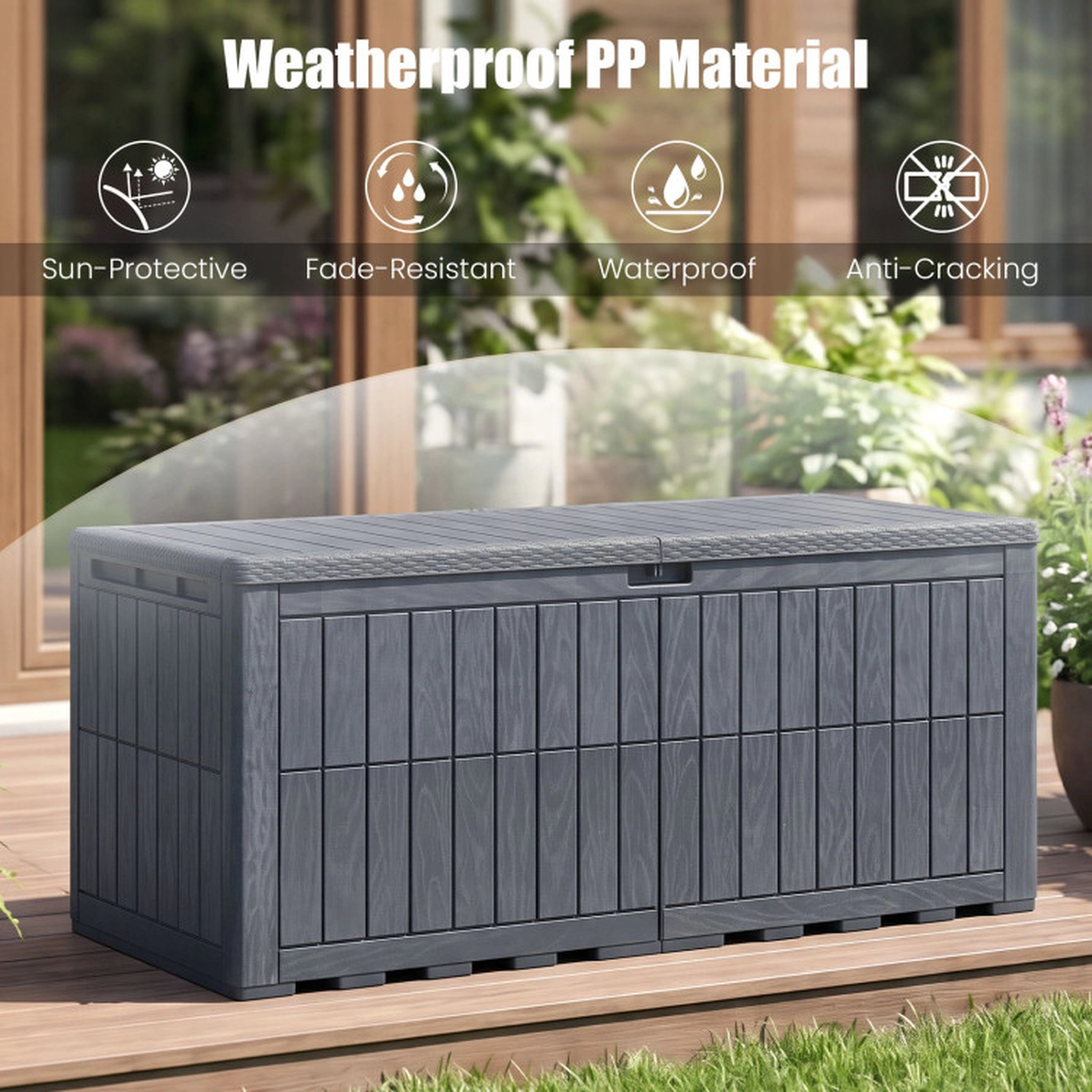 SUGIFT 180 Gal Outdoor Deck Box All-Weather Lockable Storage Bin with Lid and Handles 620-lb Seating Capacity Gray