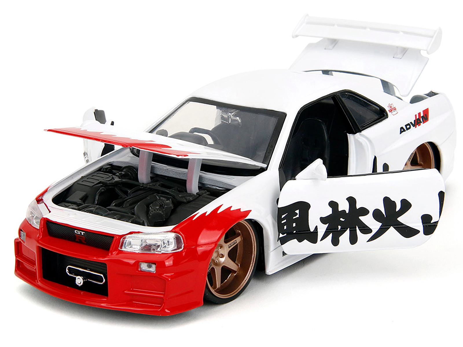 Jada 2002 Nissan Skyline GT-R (R34) RHD (Right Hand Drive) White with Red Graphics and Ryu Diecast Figure