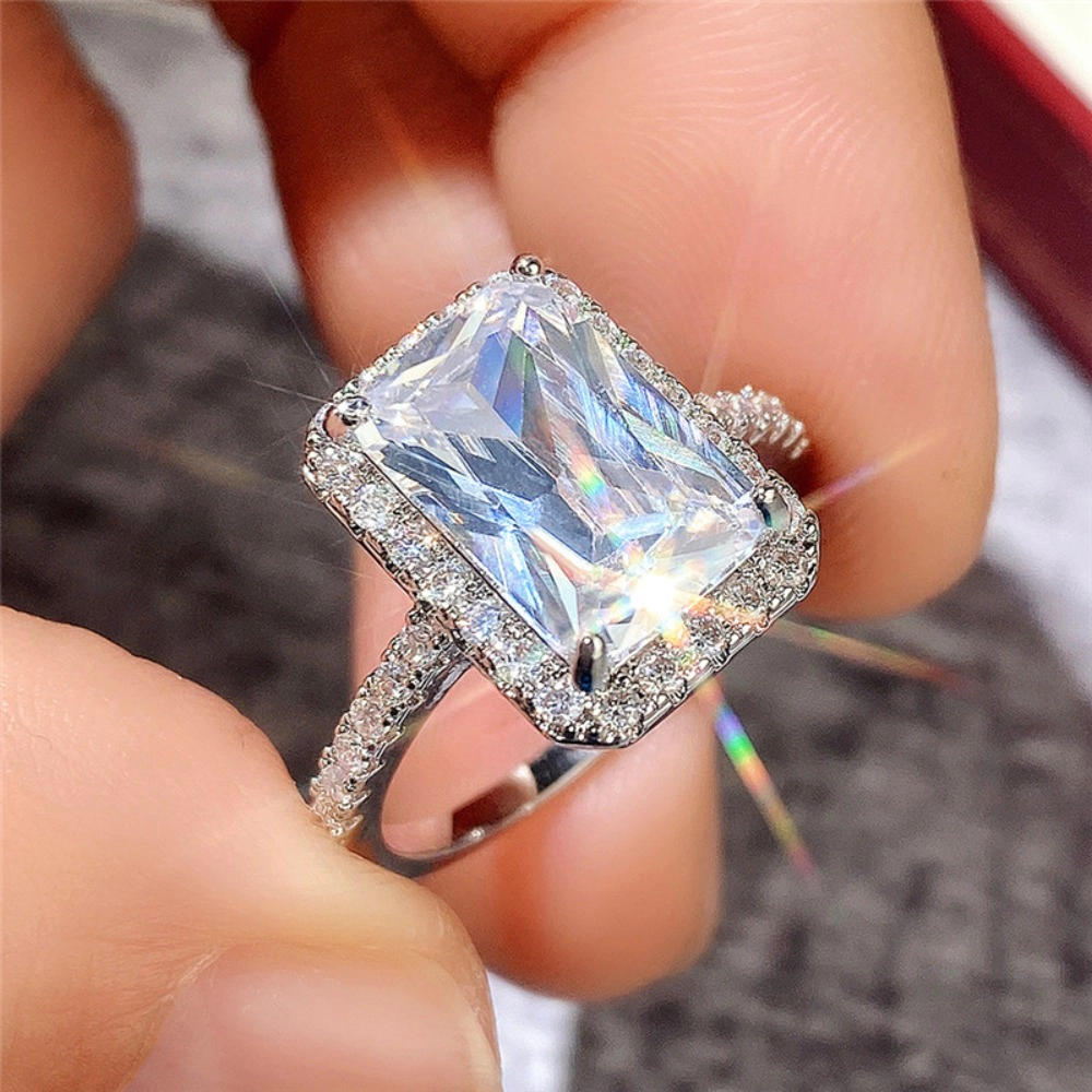 White Gold Plated Square Cubic Zirconia Elegant Minimalist Engagement Ring