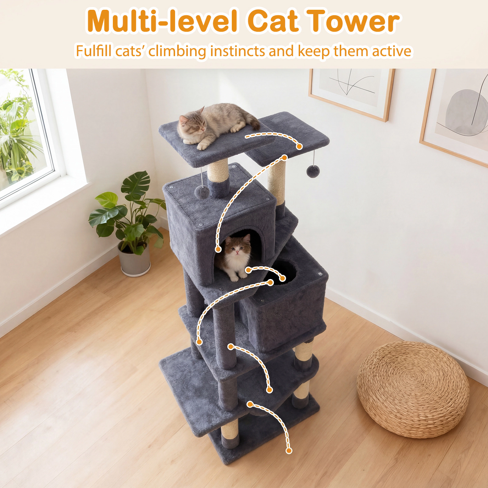 SUGIFT 57-in Gray Cat Tree Tower with Dual Condos Hammock 2 Perches Sisal Posts and Anti-Tipping Kit