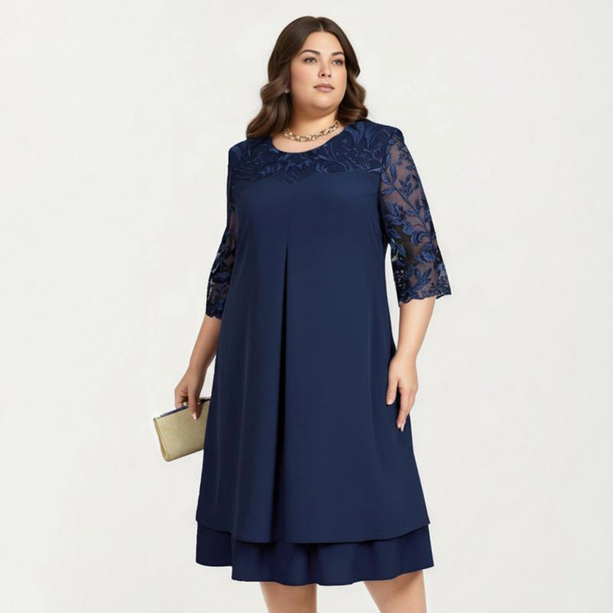 Anna-Kaci Women's Plus Lace Yoke Sheer Sleeve Detail Layered Hem Flowy Elegant Midi Dress