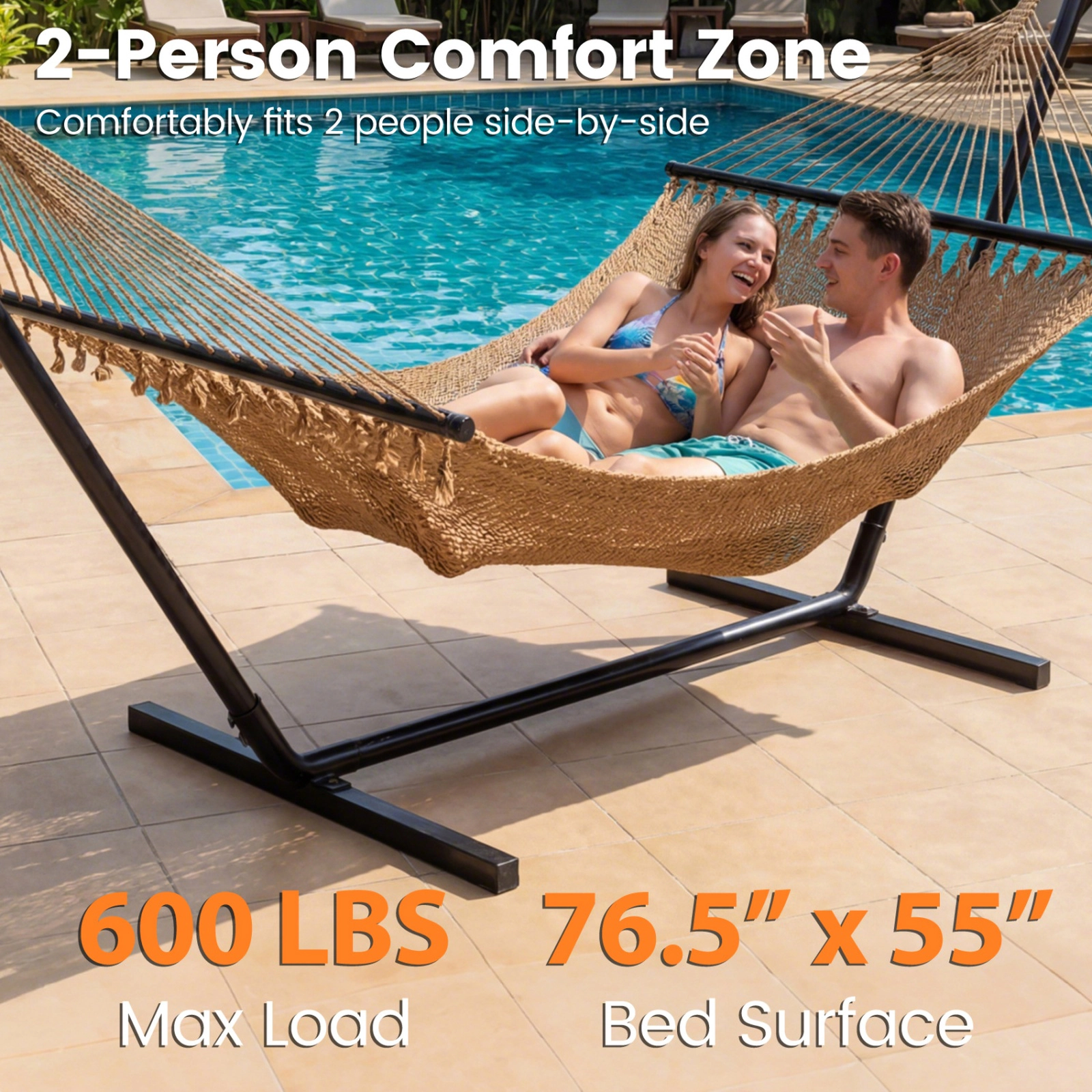 SUGIFT Caribbean Hammock with Hardwood Spreader Bar 600-lb Capacity Brown/Sand Khaki