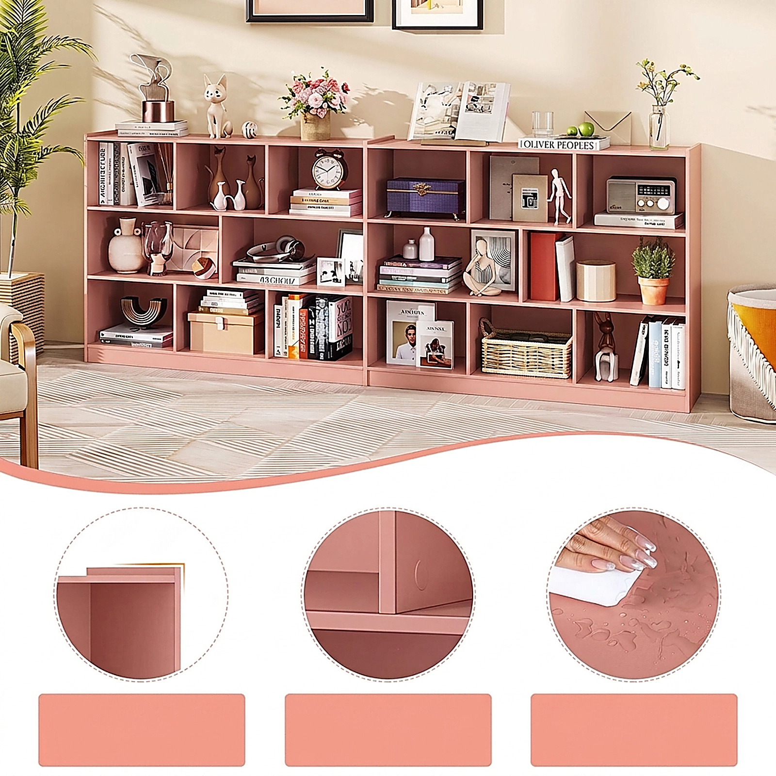 SUGIFT 8-Compartment Pink 48-in Wide 3-Tier Low Bookshelf with Open Toy and Book Storage Organizer