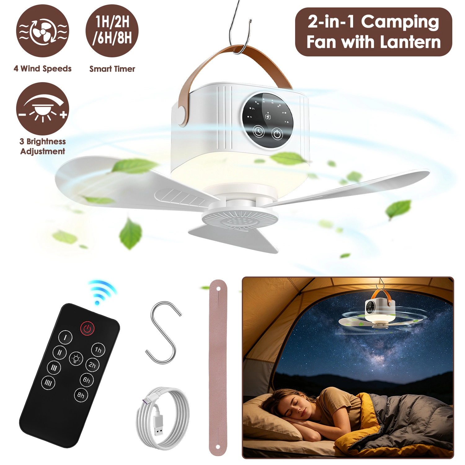 GBruno 2-in-1 Rechargeable Tent Ceiling Fan With Light