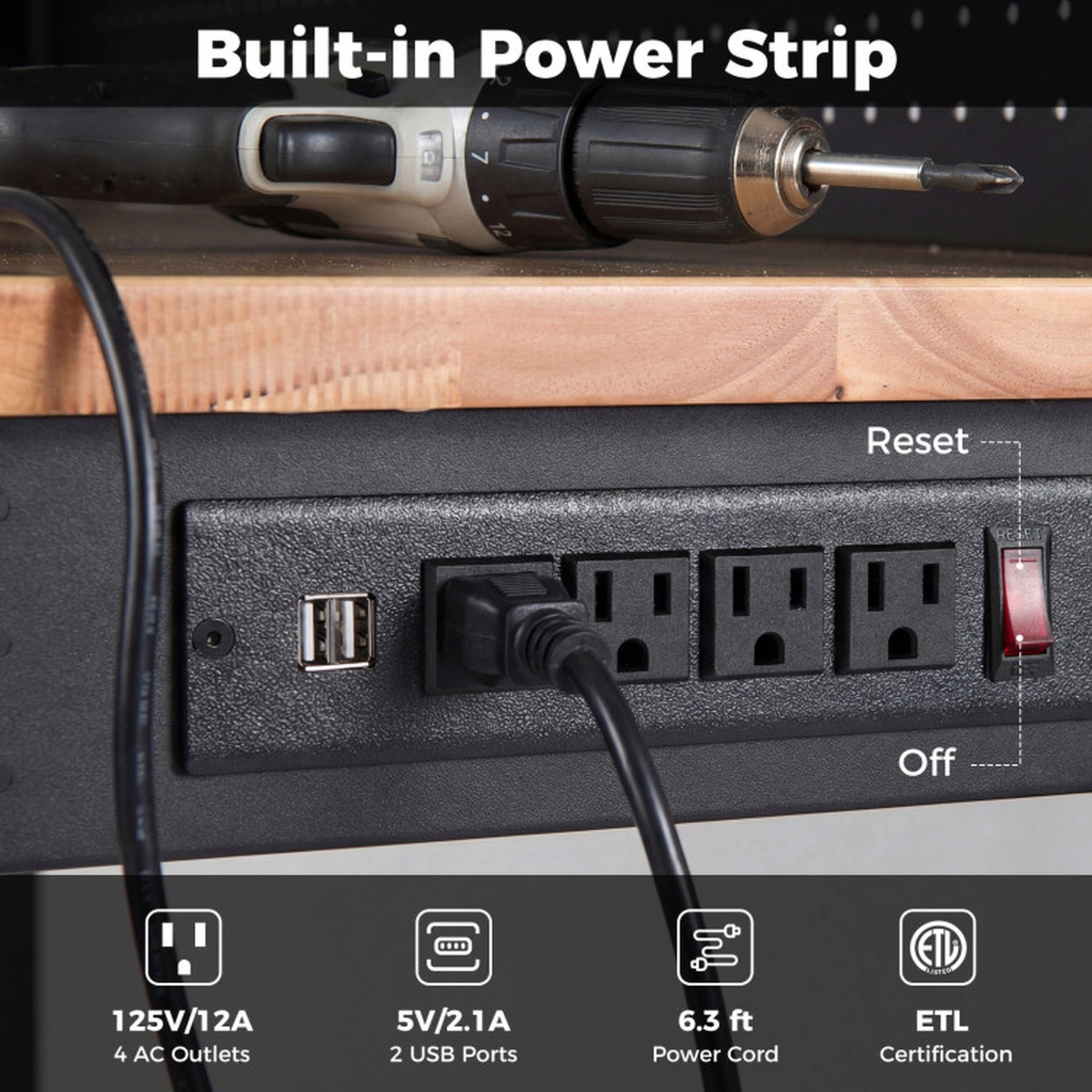 SUGIFT 48-in 2000-lb Capacity Rubber Wood Workbench with 4 AC Outlets 2 USB Ports and Pegboards