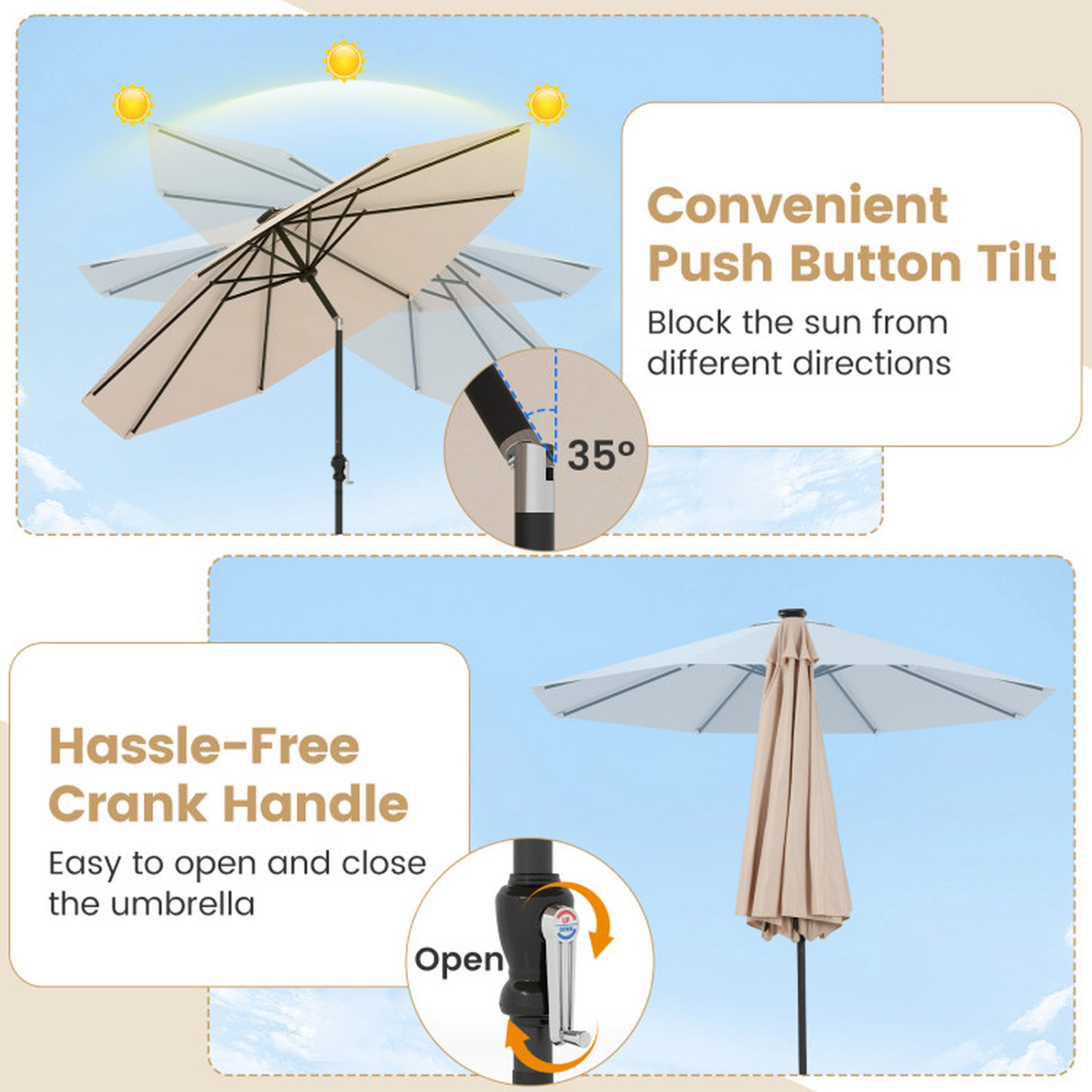 SUGIFT 10-ft Beige Solar LED Patio Umbrella with 96 Bulbs, 9 Modes and Vented Top