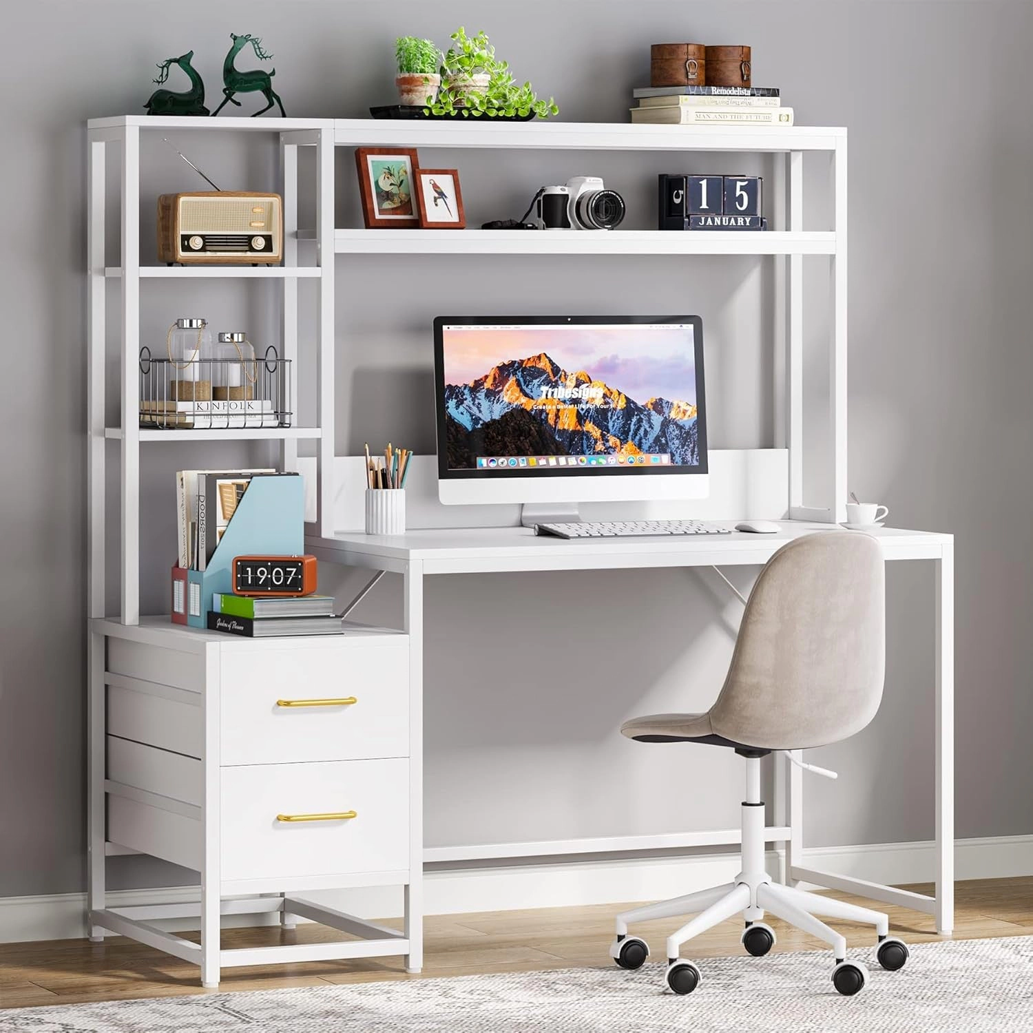 Tribesigns Industrial Wood Computer Desk with Storage Shelves