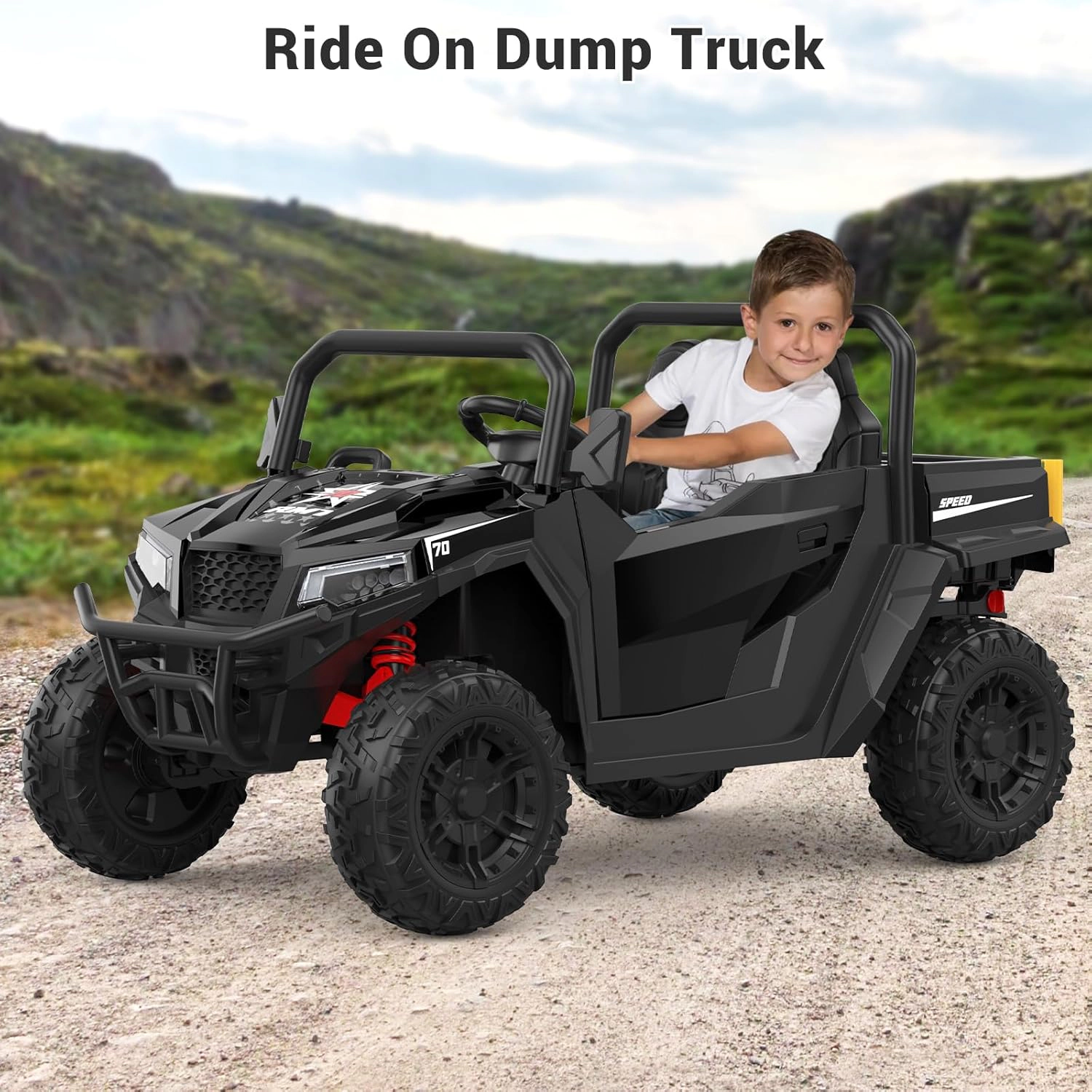 Enjyam 24V 4WD 2-Seater Kids Electric Dump Truck, 4×200W Motors, Remote Control, LED Lights, Music, Bed & Shovel