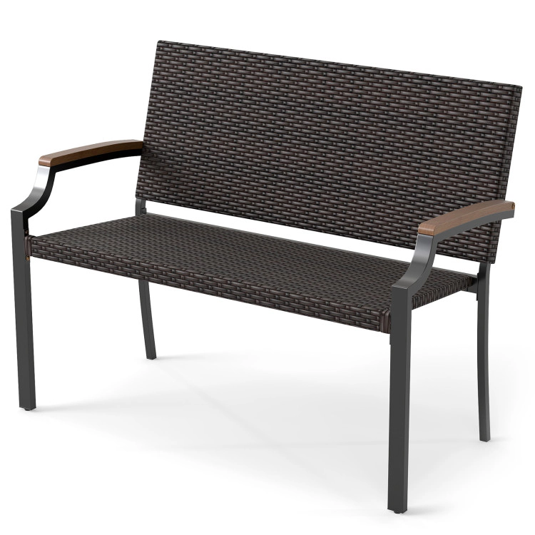 Hivvago Patio Wicker Loveseat Chair With Acacia Wood Armrests And Metal Frame