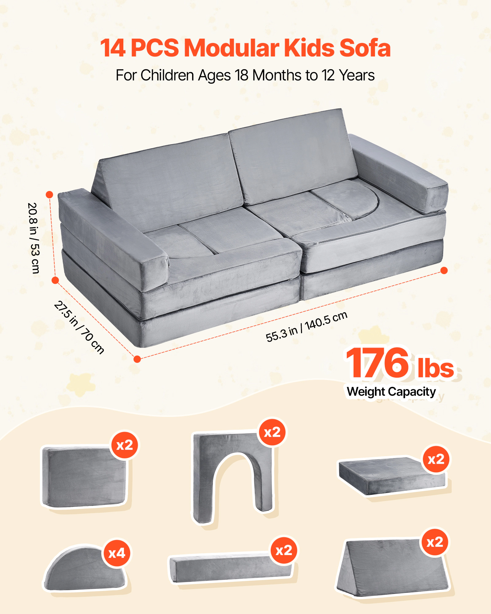 HONGGE Modular Kids Play Couch Sectional Toddler Sofa with Armrests 28D Sponge & Short Pile Convertible Kids Modular