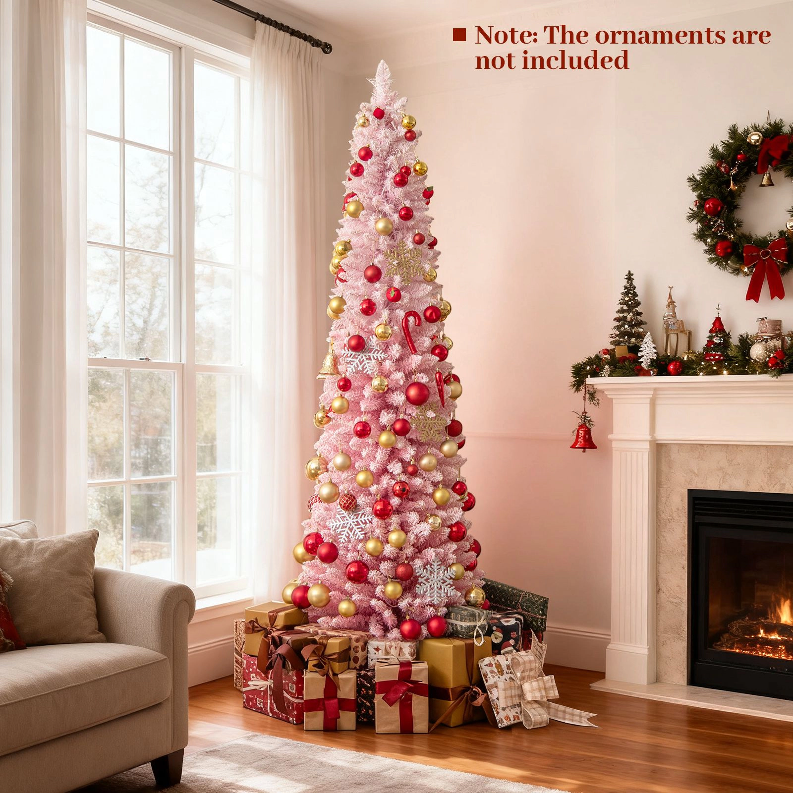 SlickBlue 7 Ft Pink Artificial Christmas Tree Prelit Snow Flocked Hinged Xmas Tree