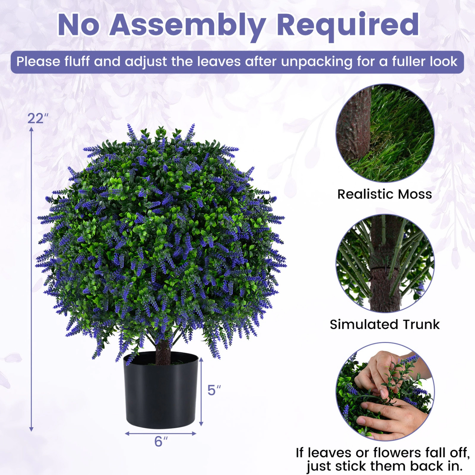 SUGIFT Set of 2 Lavender Blossom Layered Foliage Artificial Topiary Ball Trees 22-in Tall 6-in x 5-in Pot Purple