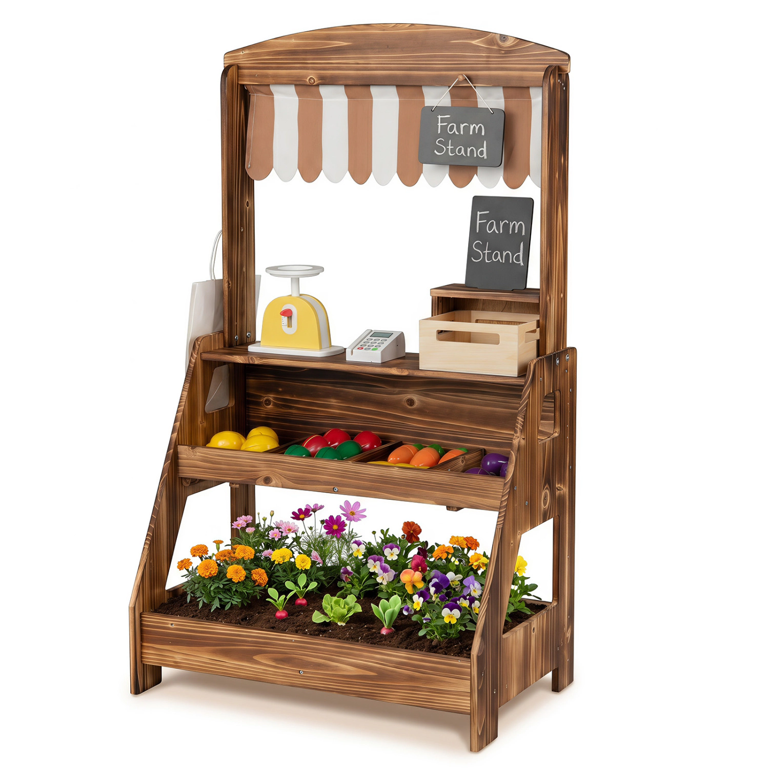 Hivvago 2-in-1 Wooden Mud Kitchen and Market Stand for Kids Outdoor with Planter Box 2 Chalkboards