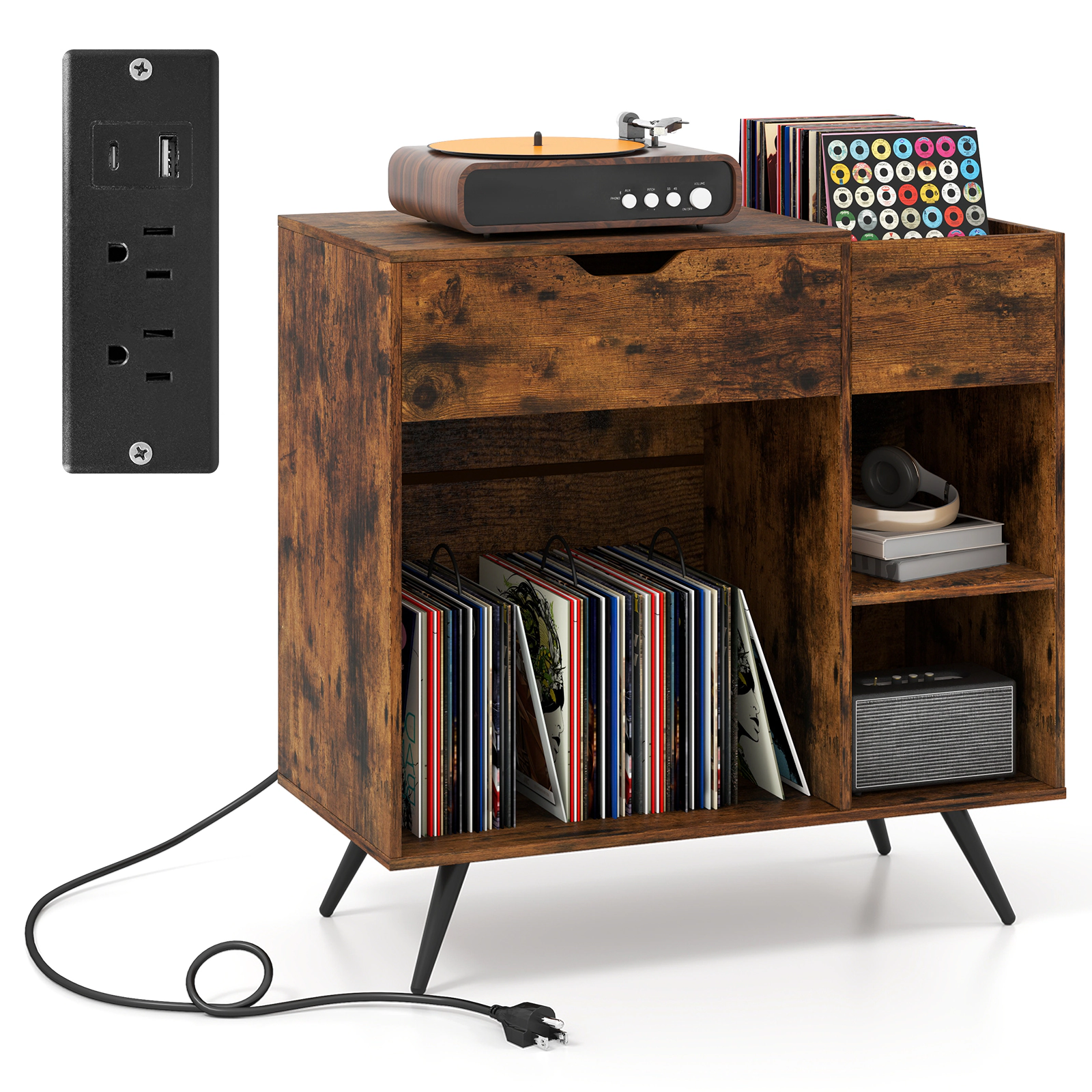 Glintex Record Player Stand with Drawer Removable Dividers and 255-Lb Capacity, Rustic Brown