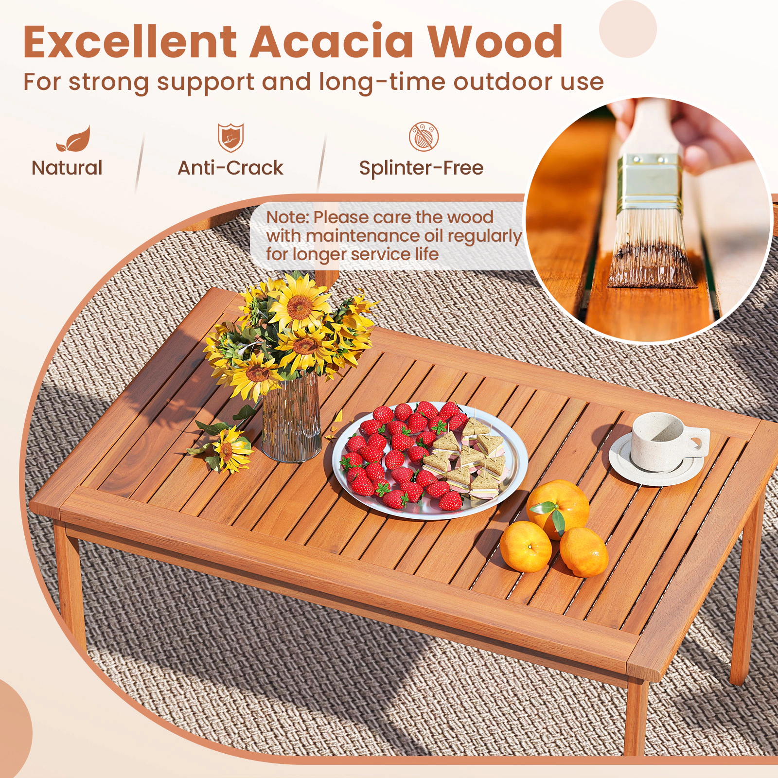 SUGIFT 4-Piece Off-White Acacia Wood Patio Sofa Set with Loveseat, Armchairs and Coffee Table