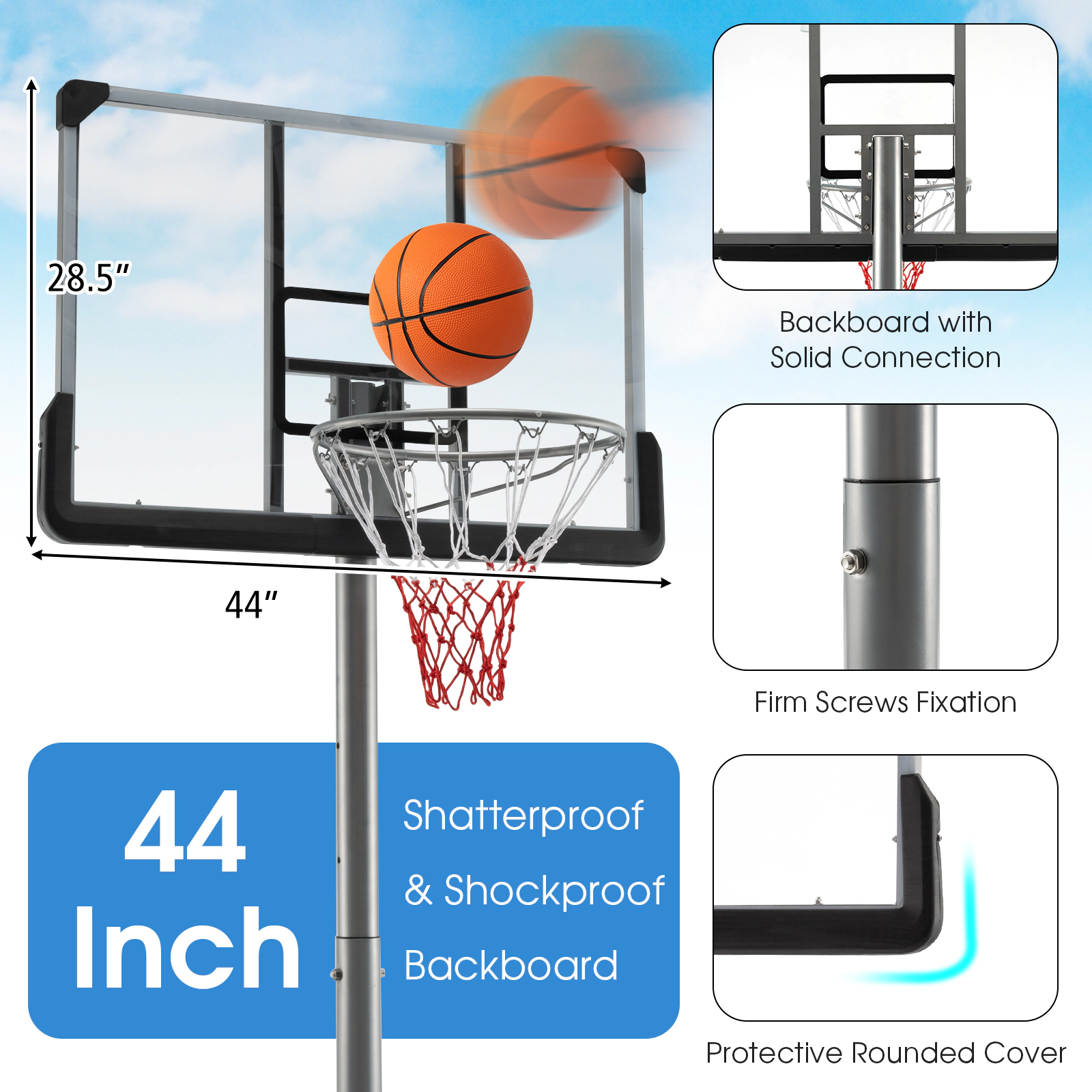 SUGIFT 5.4-ft to 6.6-ft Adjustable 44-in Shatterproof Backboard Basketball Hoop with Fillable Base and Wheels