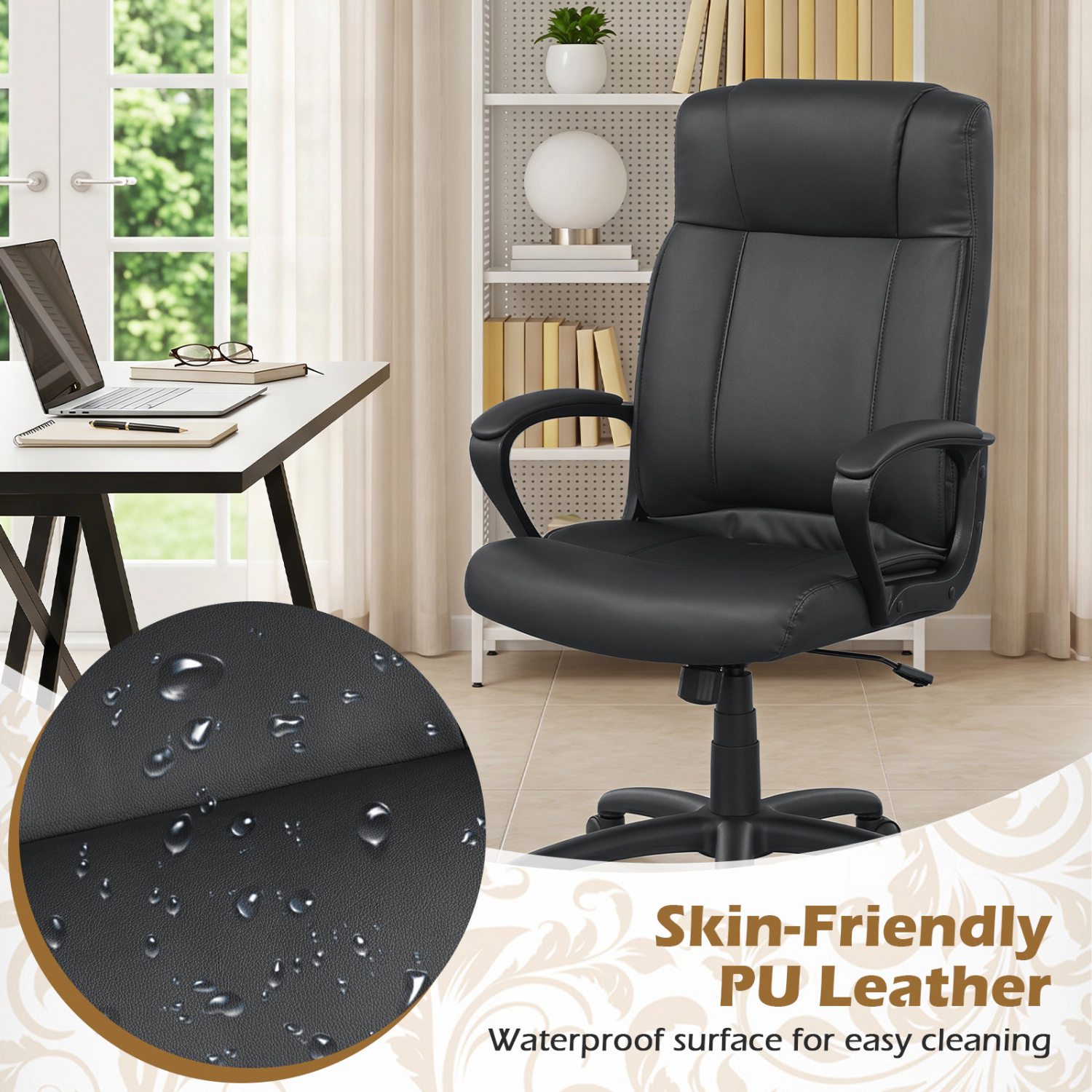 LJG Faux Leather Office Chair Computer Desk with Rocking Function
