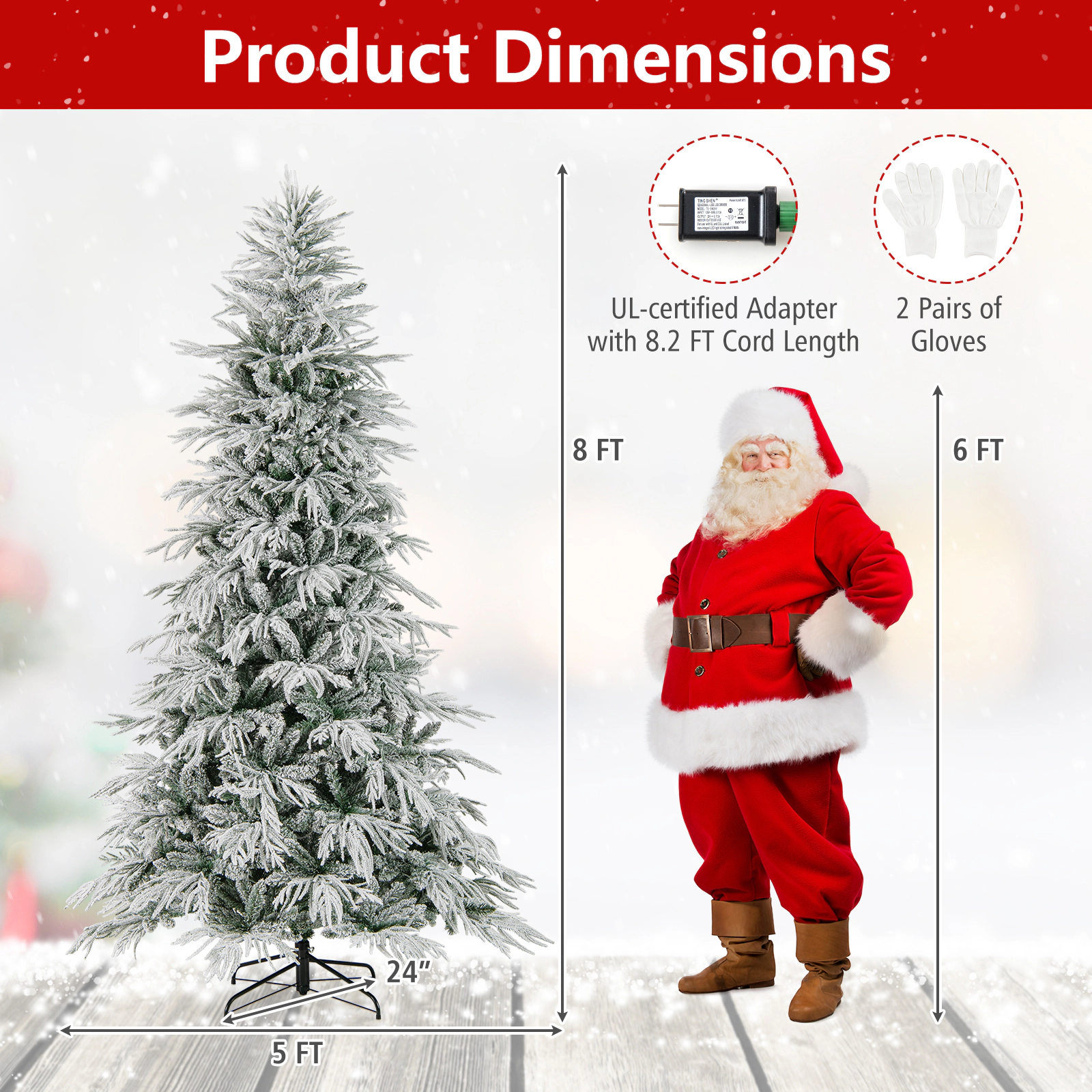 SUGIFT 8-ft Snow Flocked Pre-Lit Artificial Christmas Tree with Drooping Branches 1108 Tips and 450 LEDs