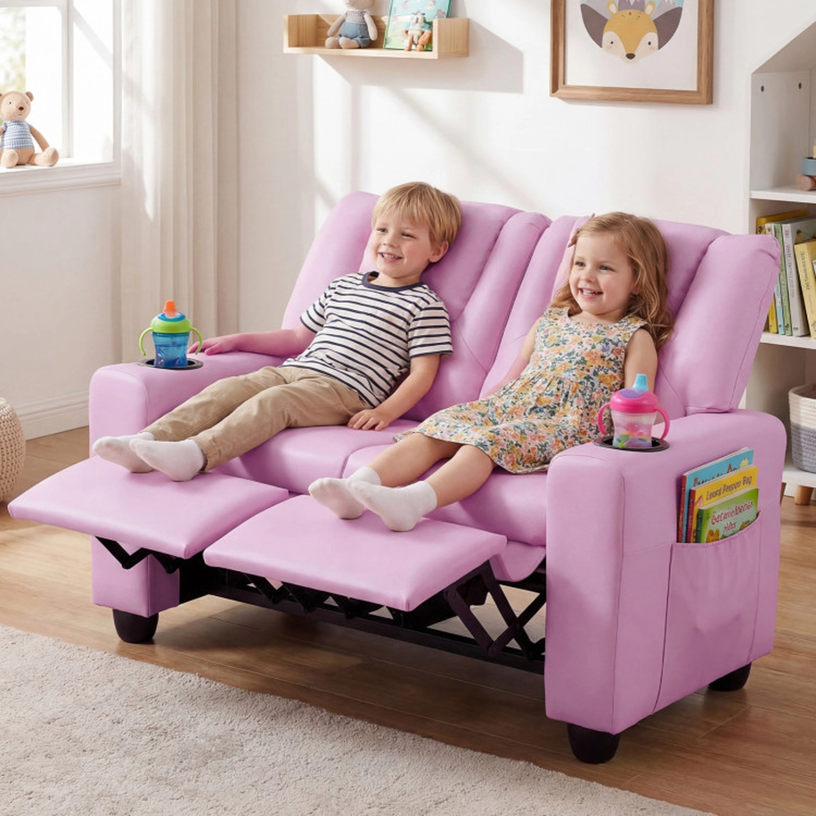 SUGIFT 2 Cup Holders 2-Seater Kids Recliner Double Toddler Sofa Chair